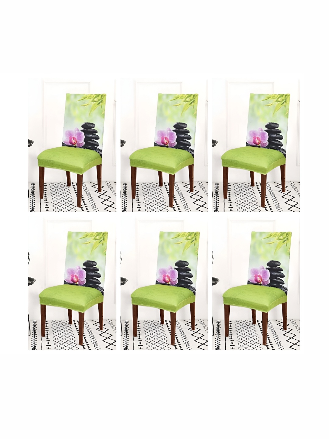 

ohello 4 Pieces Green Printed Elasticated Fitted Chair Covers