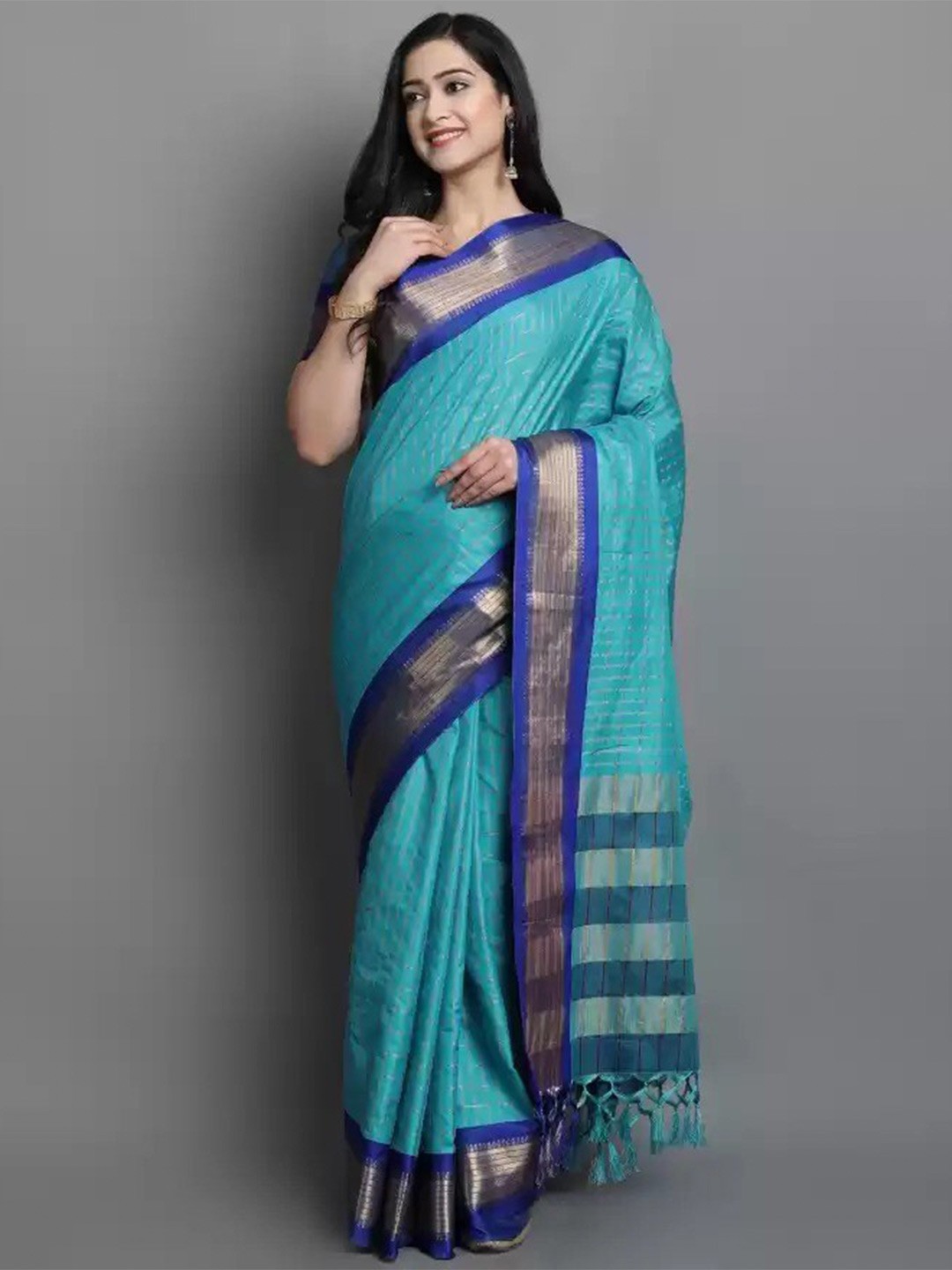 

ZEEPKART Woven Design Striped Saree, Turquoise blue