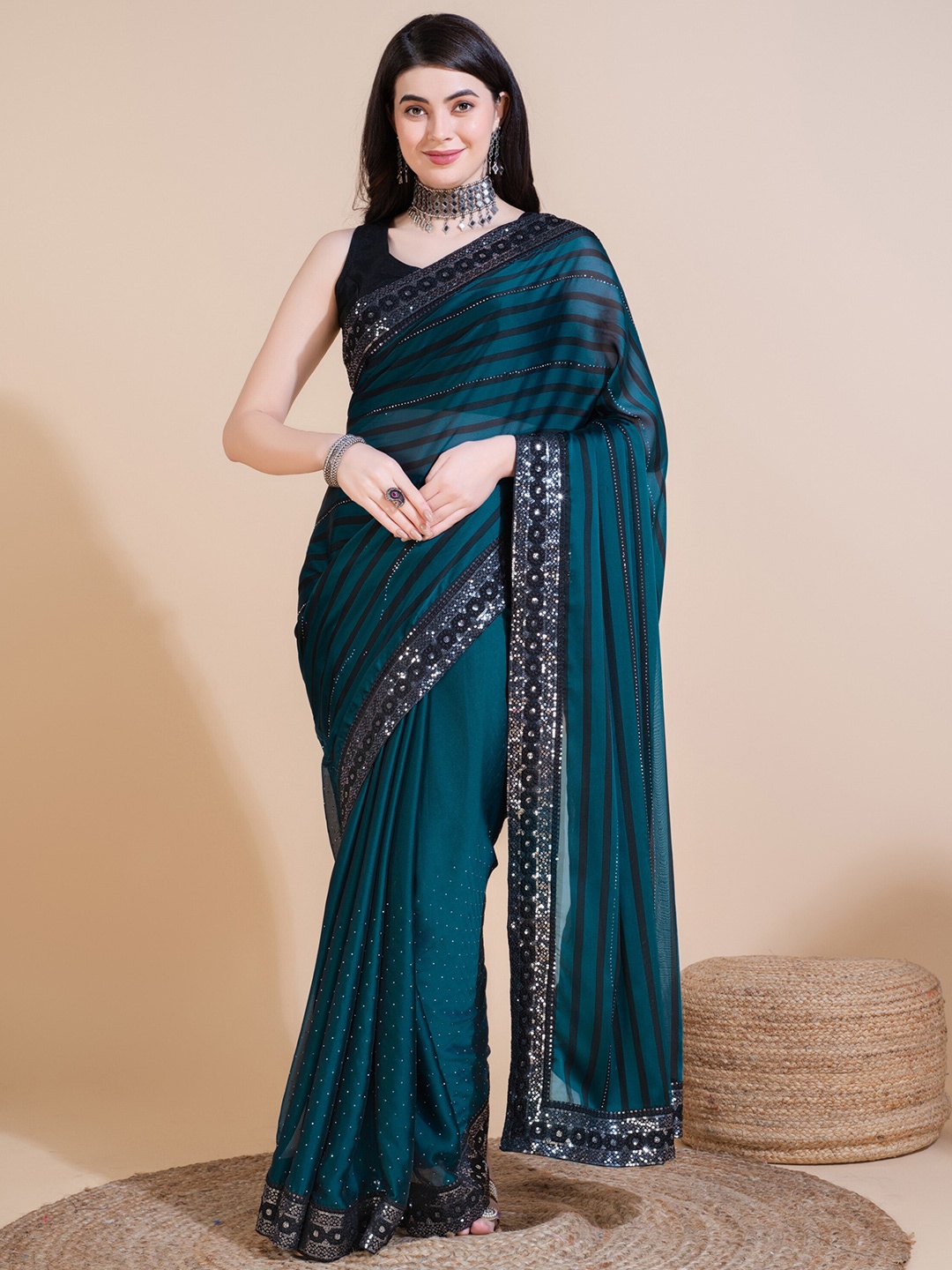 

Celeb Styles Striped Sequined Embellished Saree, Teal