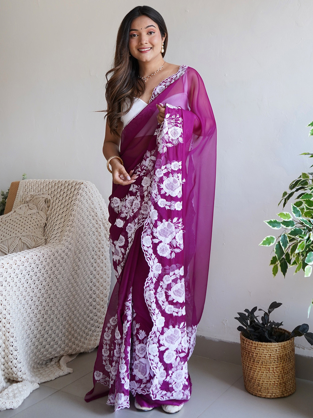 

Celeb Styles Ethnic Motifs Embroidered Organza Saree, Purple