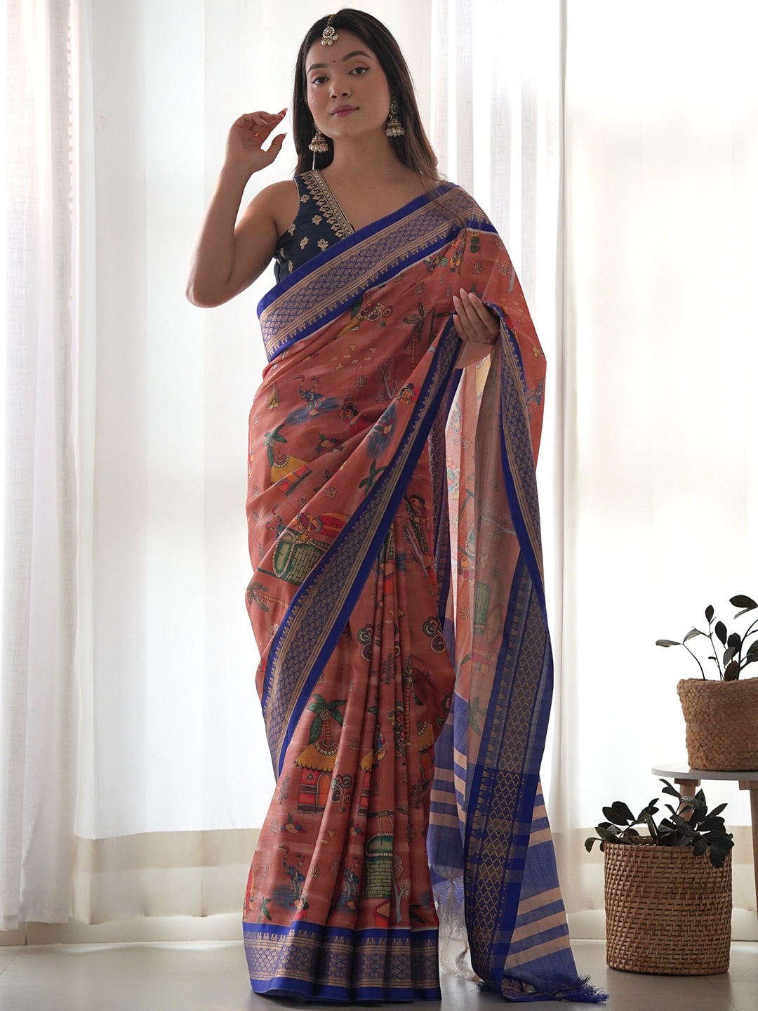 

Celeb Styles Kalamkari Printed Zari Saree, Orange