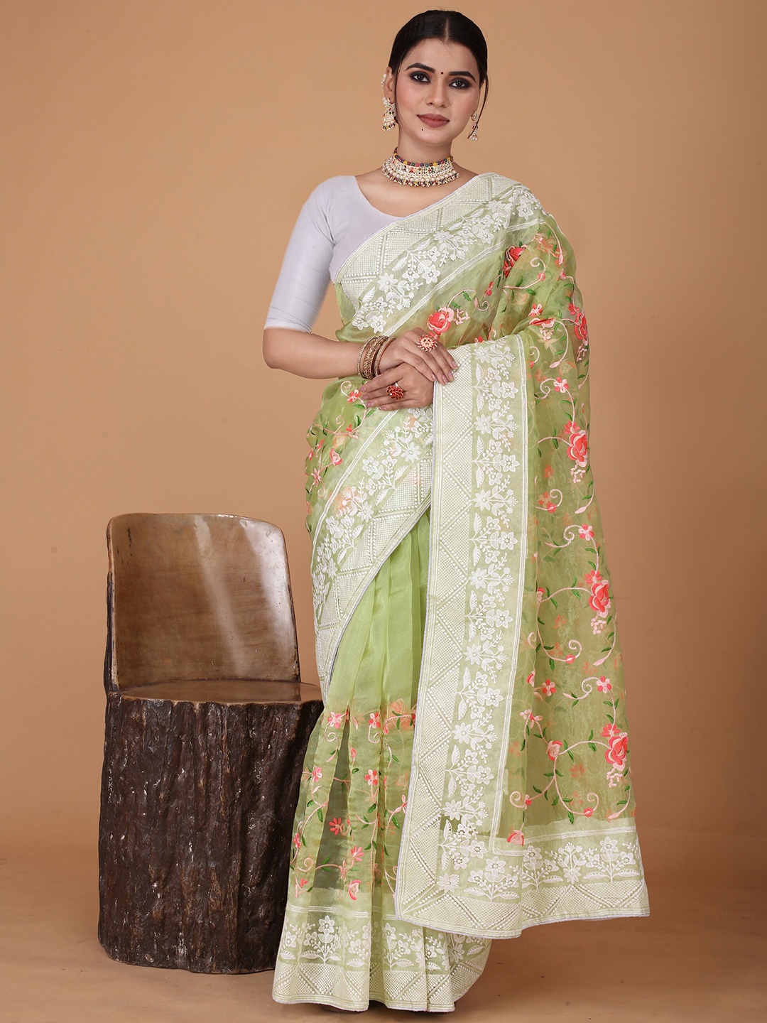 

Celeb Styles Floral Embroidered Organza Saree, Green