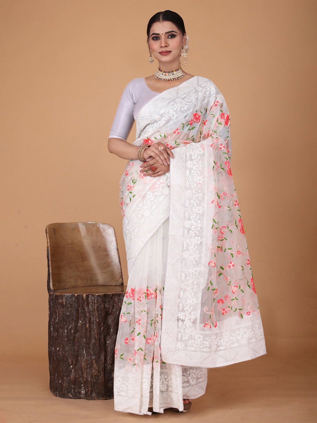 

Celeb Styles Floral Embroidered Organza Saree, Off white