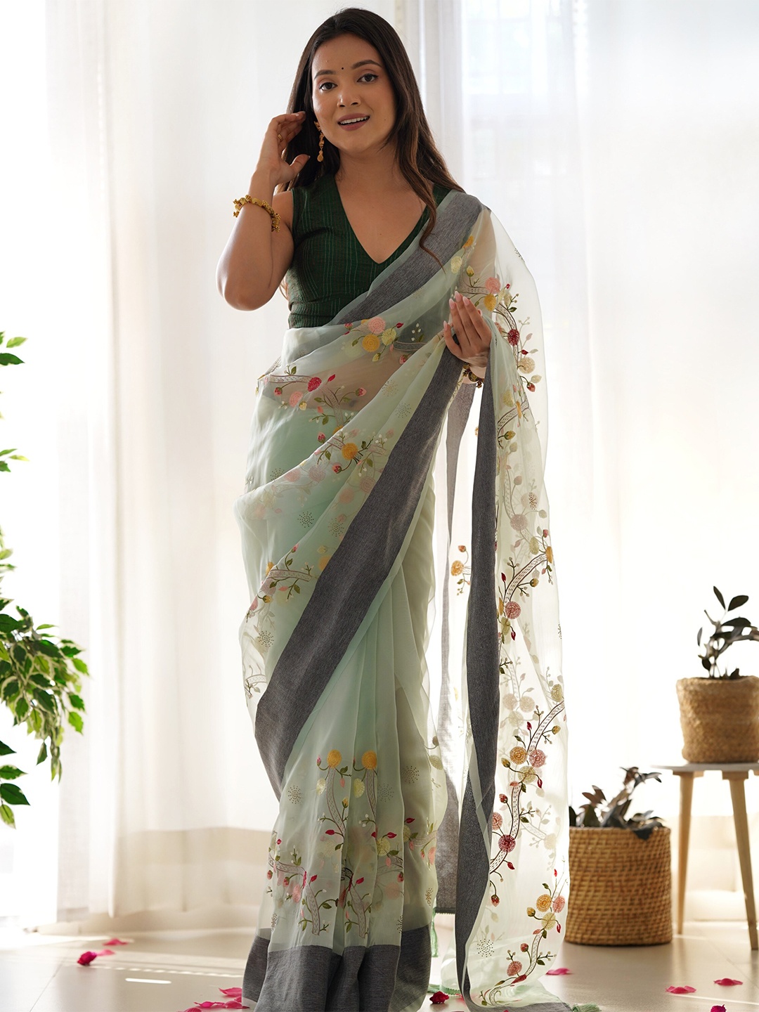 

Celeb Styles Floral Embroidered Organza Saree, Green