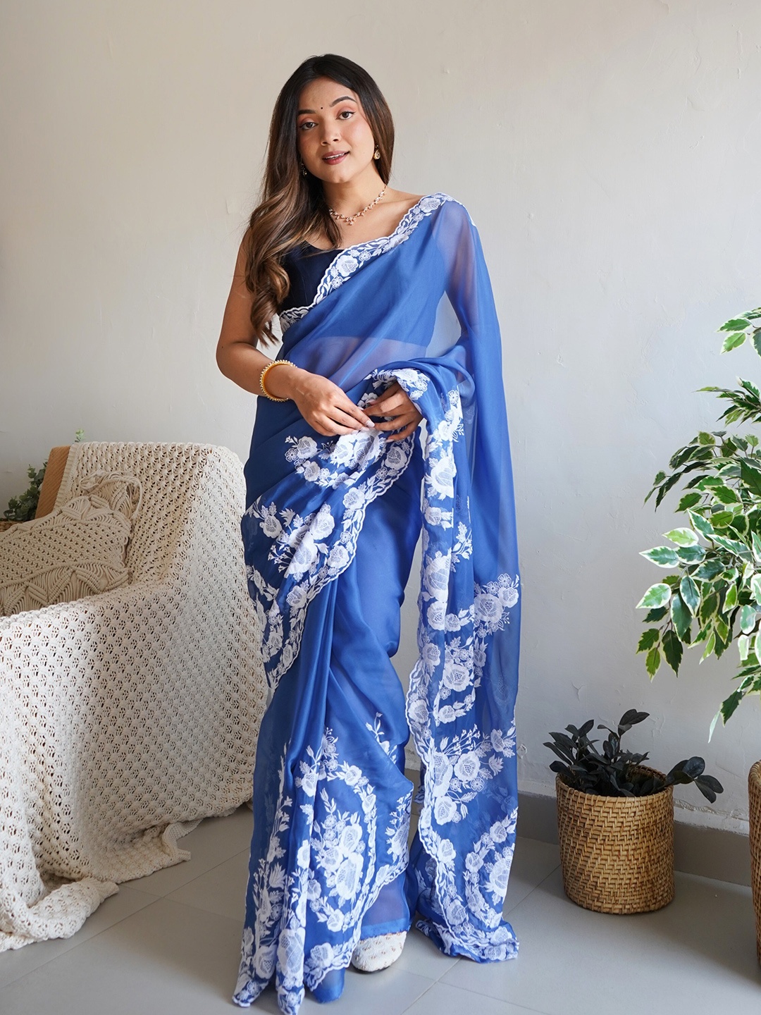 

Celeb Styles Floral Embroidered Organza Saree, Blue