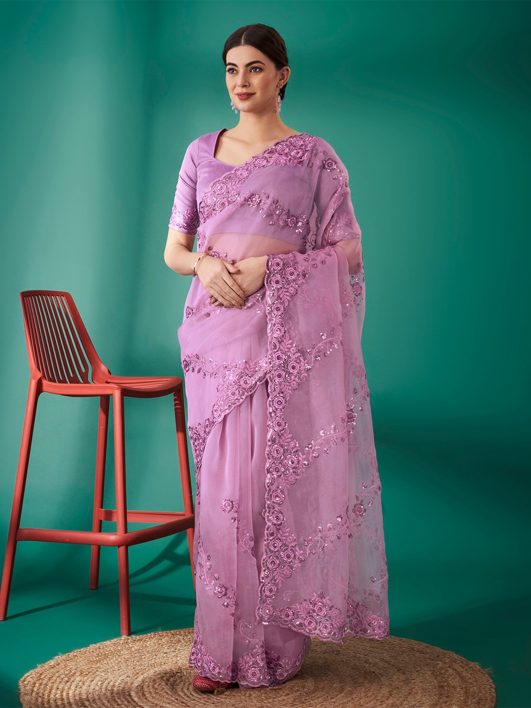 

Celeb Styles Floral Embroidered Sequinned Organza Saree, Lavender