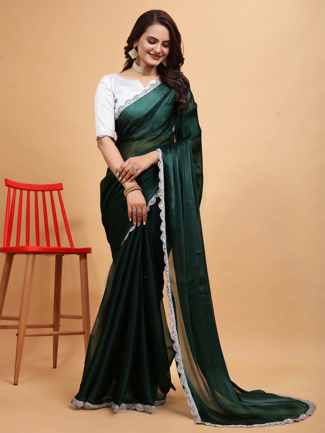 

Celeb Styles Pure Chiffon Bordered Saree, Green