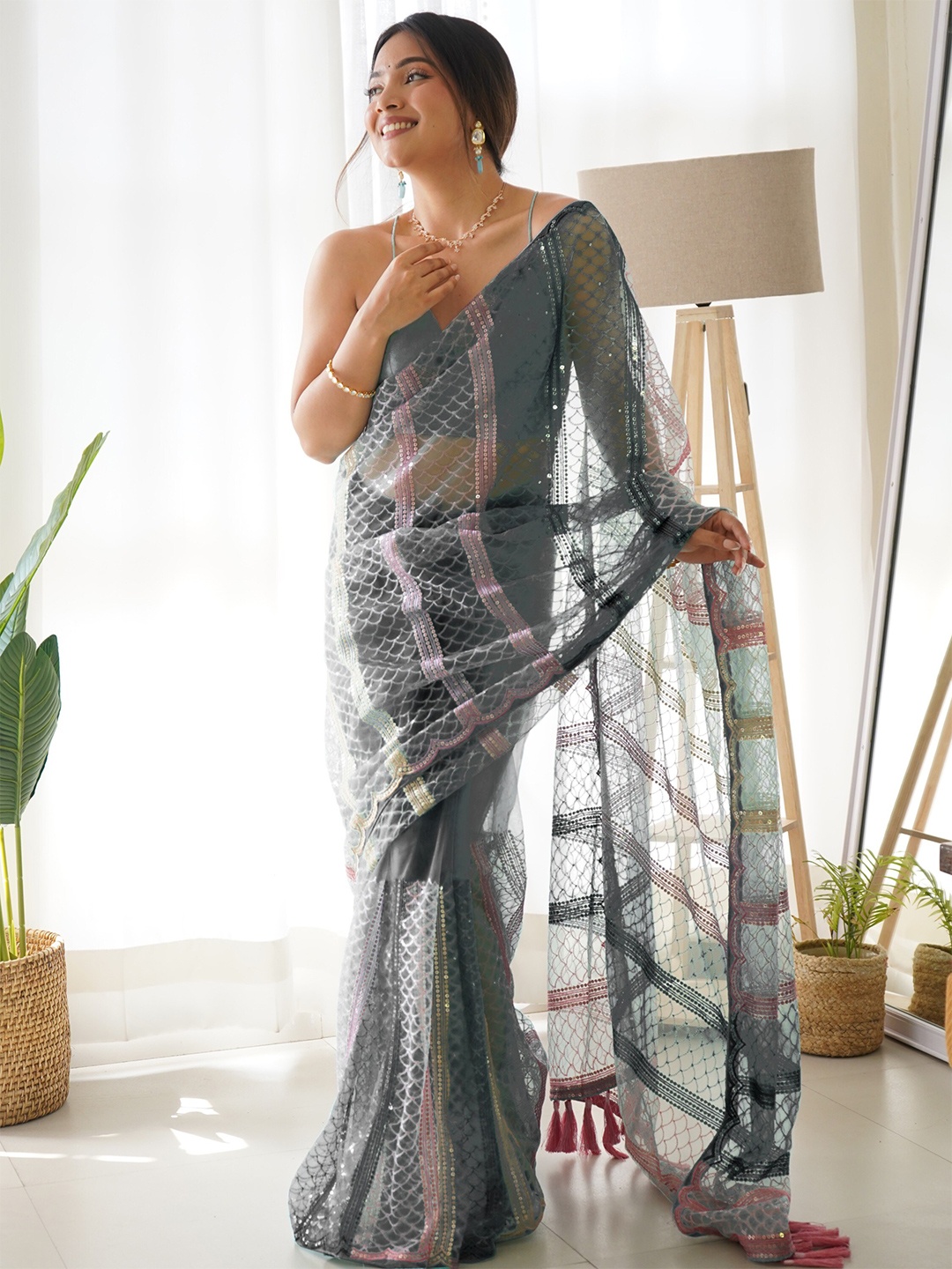 

Celeb Styles Embellished Sequinned Net Saree, Grey