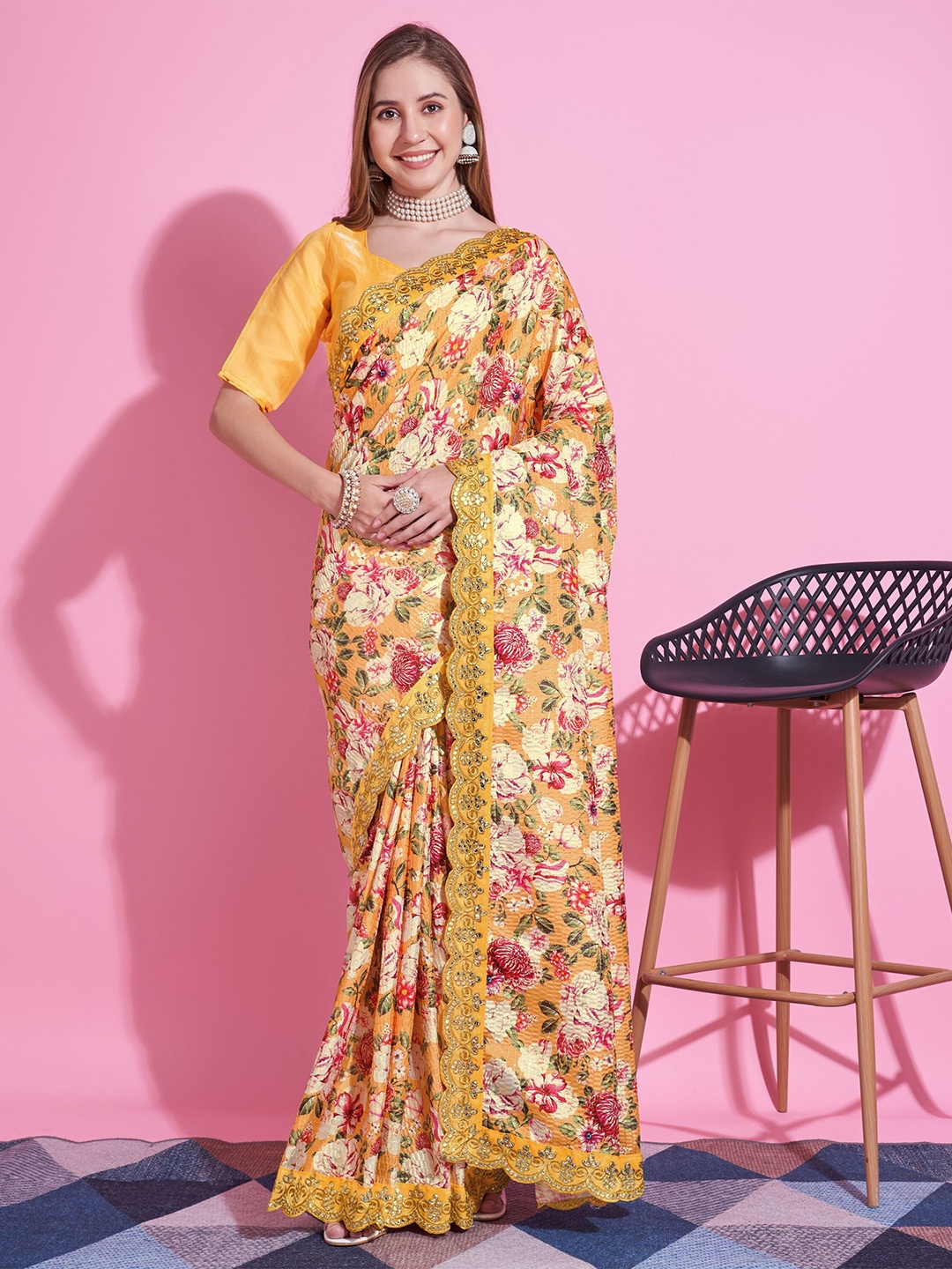 

Celeb Styles Floral Printed Saree, Yellow