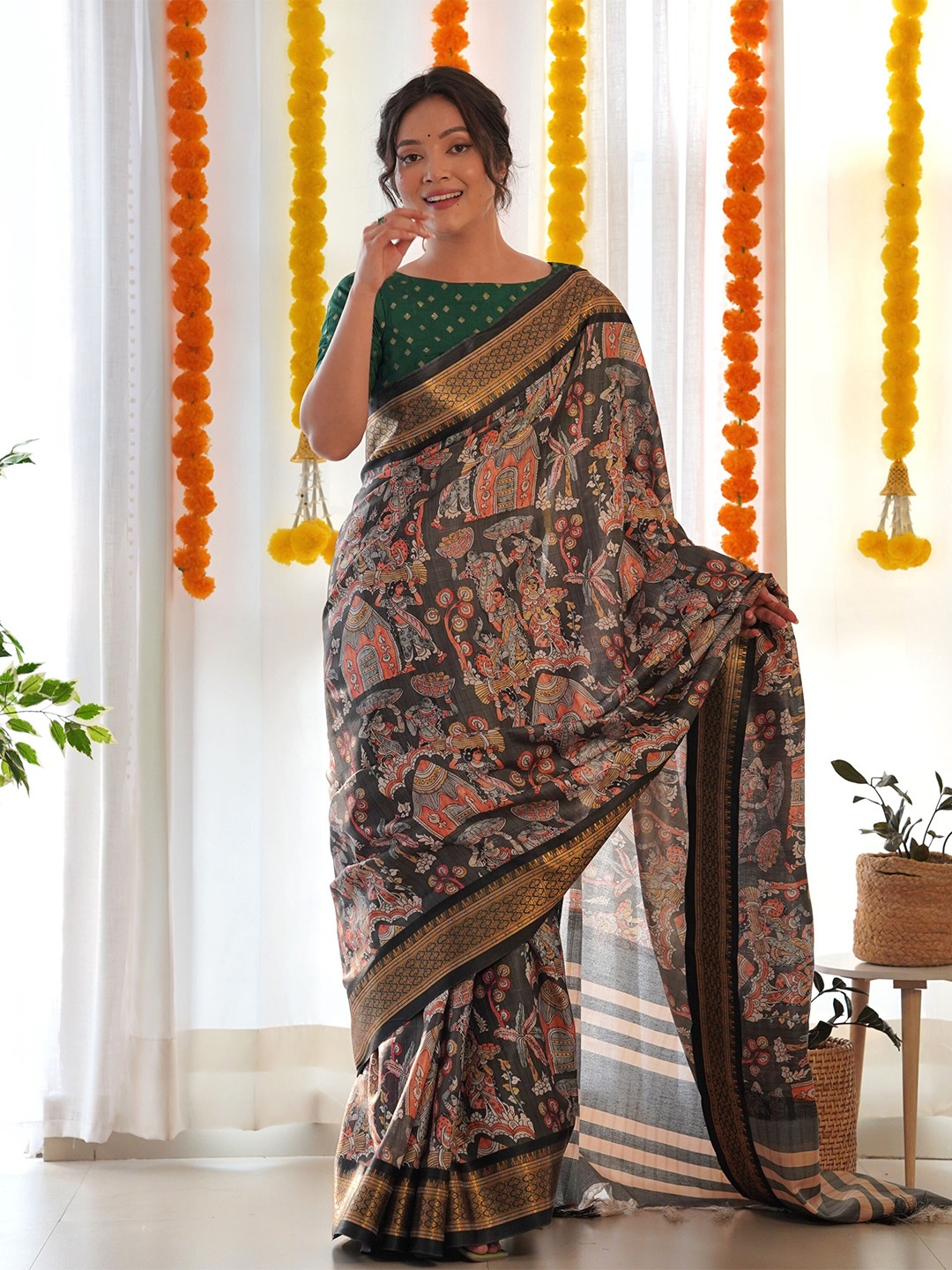 

Celeb Styles Kalamkari Printed Zari Saree, Brown