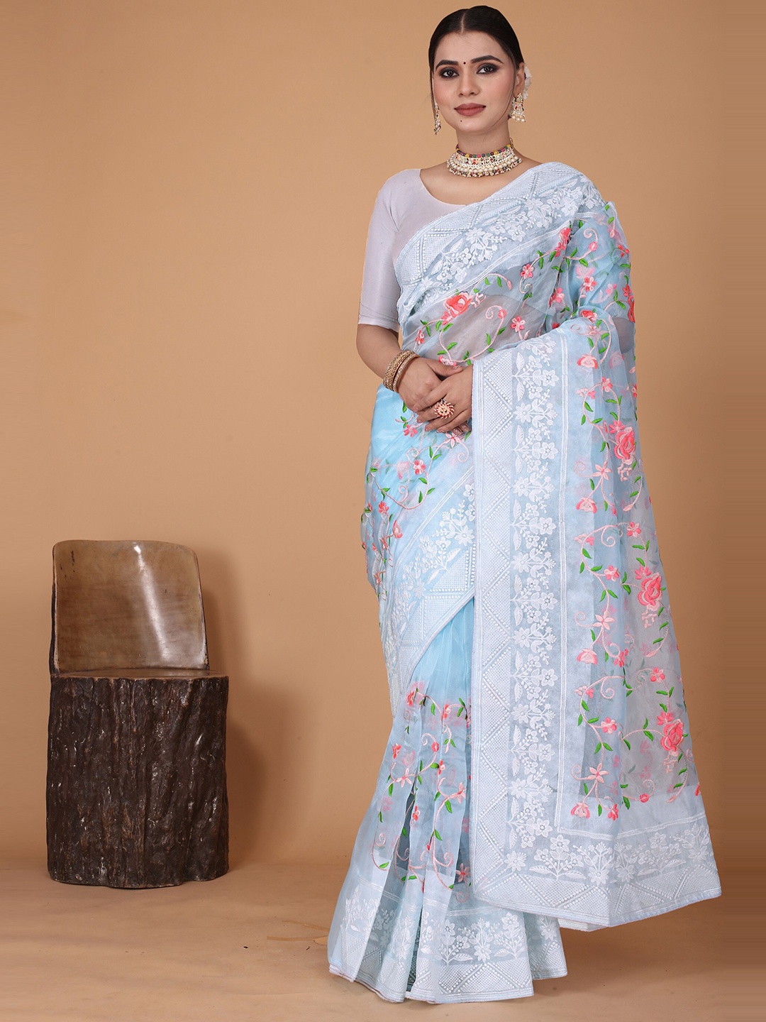

Celeb Styles Floral Embroidered Organza Silk Saree, Blue