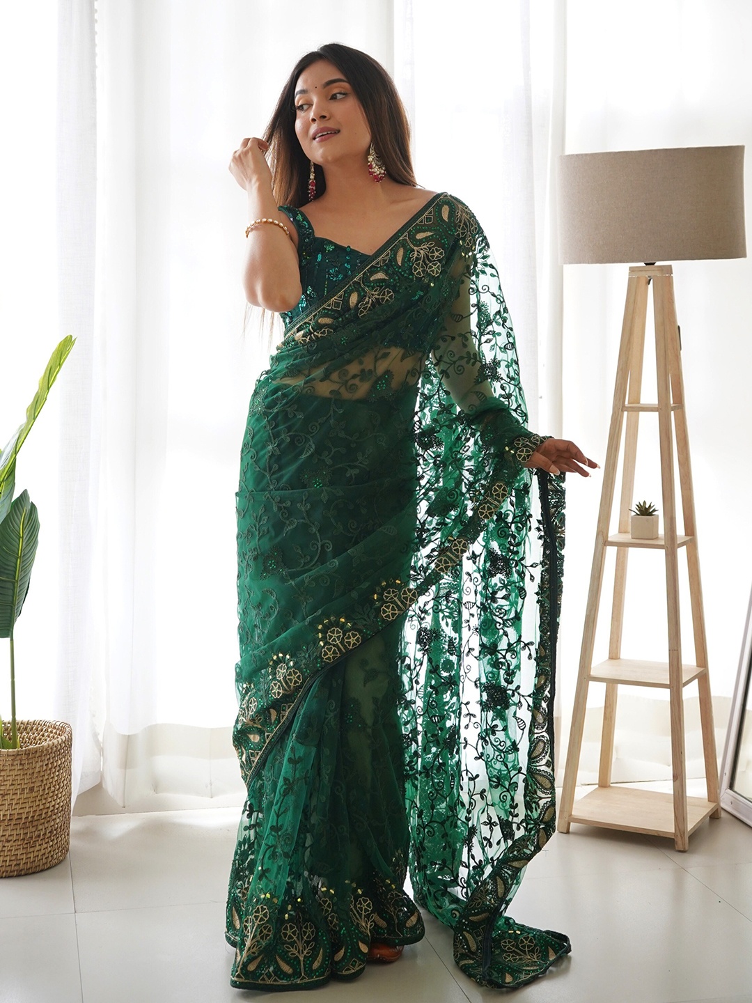 

Celeb Styles Floral Embroidered & Mirror Work Net Saree, Green