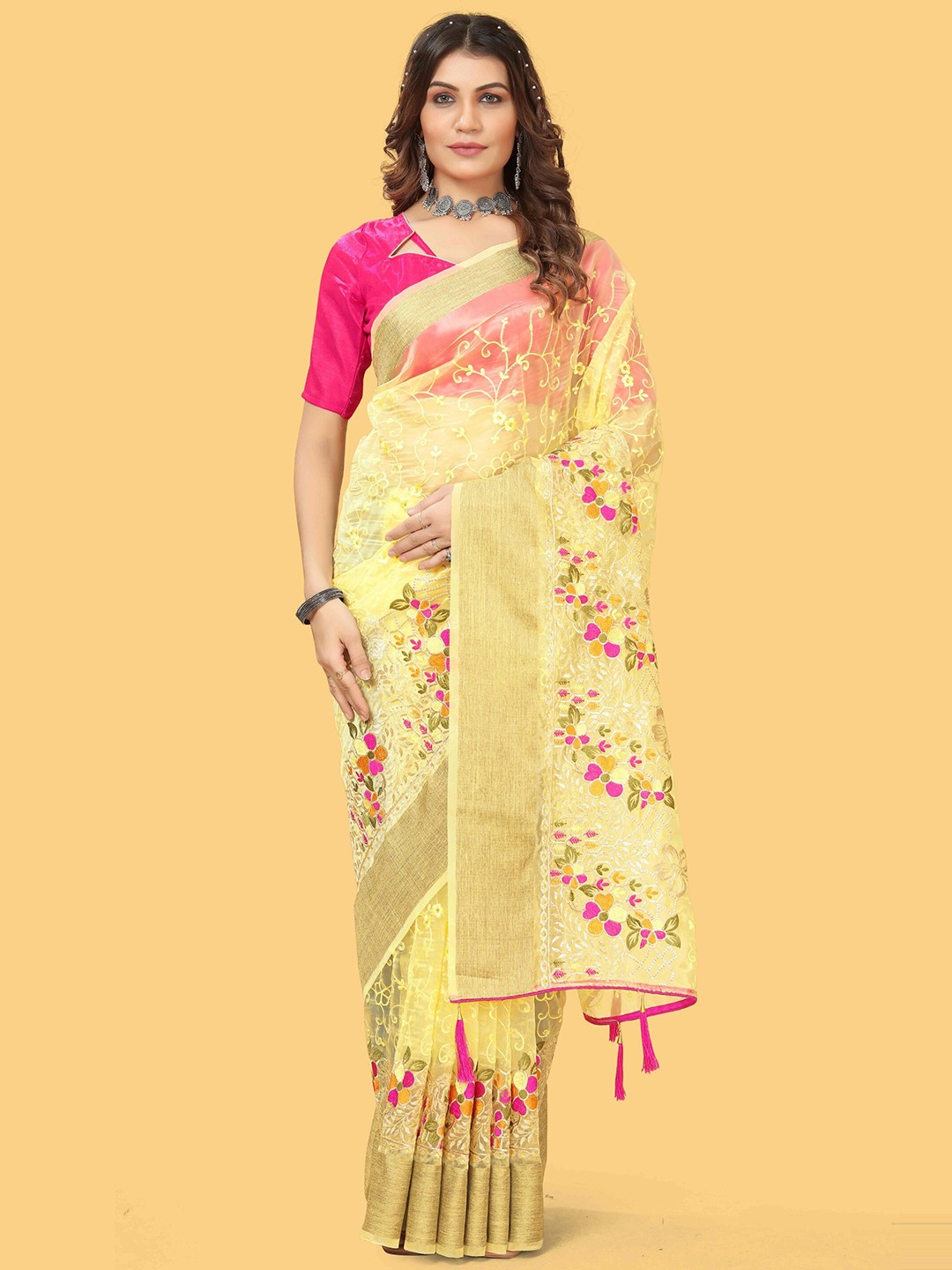 

Celeb Styles Floral Embroidered Organza Saree, Yellow