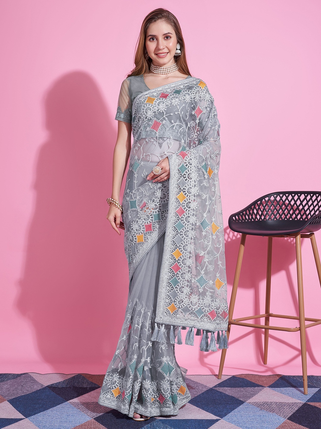 

Celeb Styles Ethnic Motifs Embroidered Net Saree, Grey