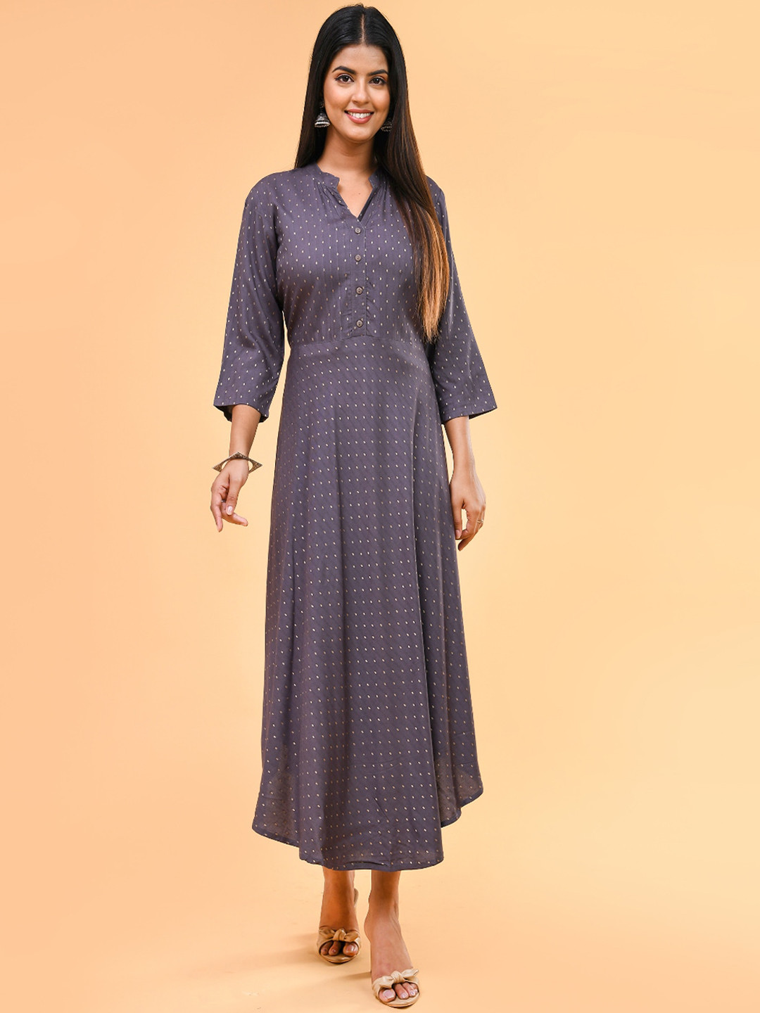 

Aspriya Ethnic Motifs Printed Mandarin Collar A-Line Midi Dress, Grey