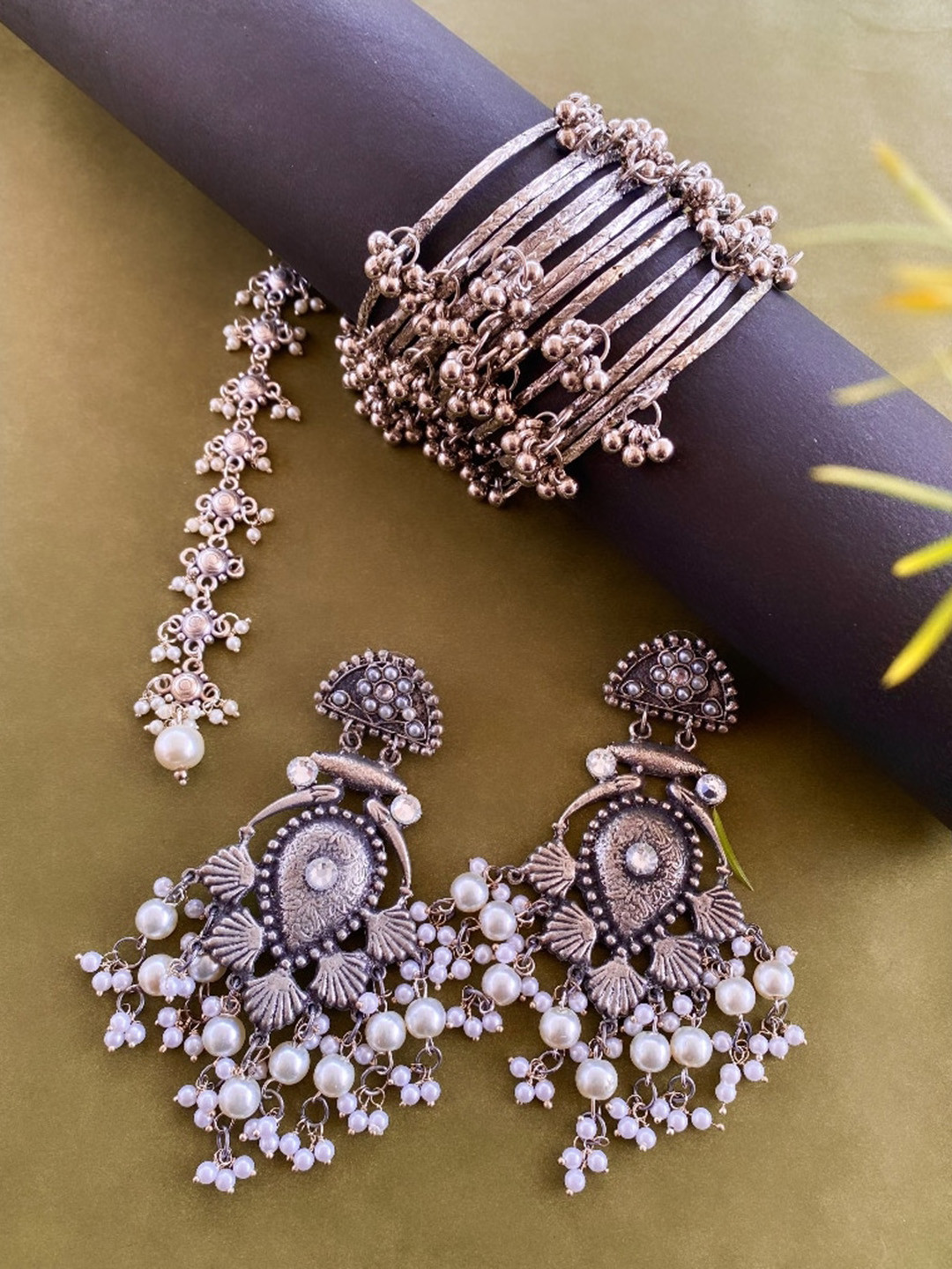 

ATIBELLE Silver-Plated Beaded Ghungroo Charm Jewellery Set