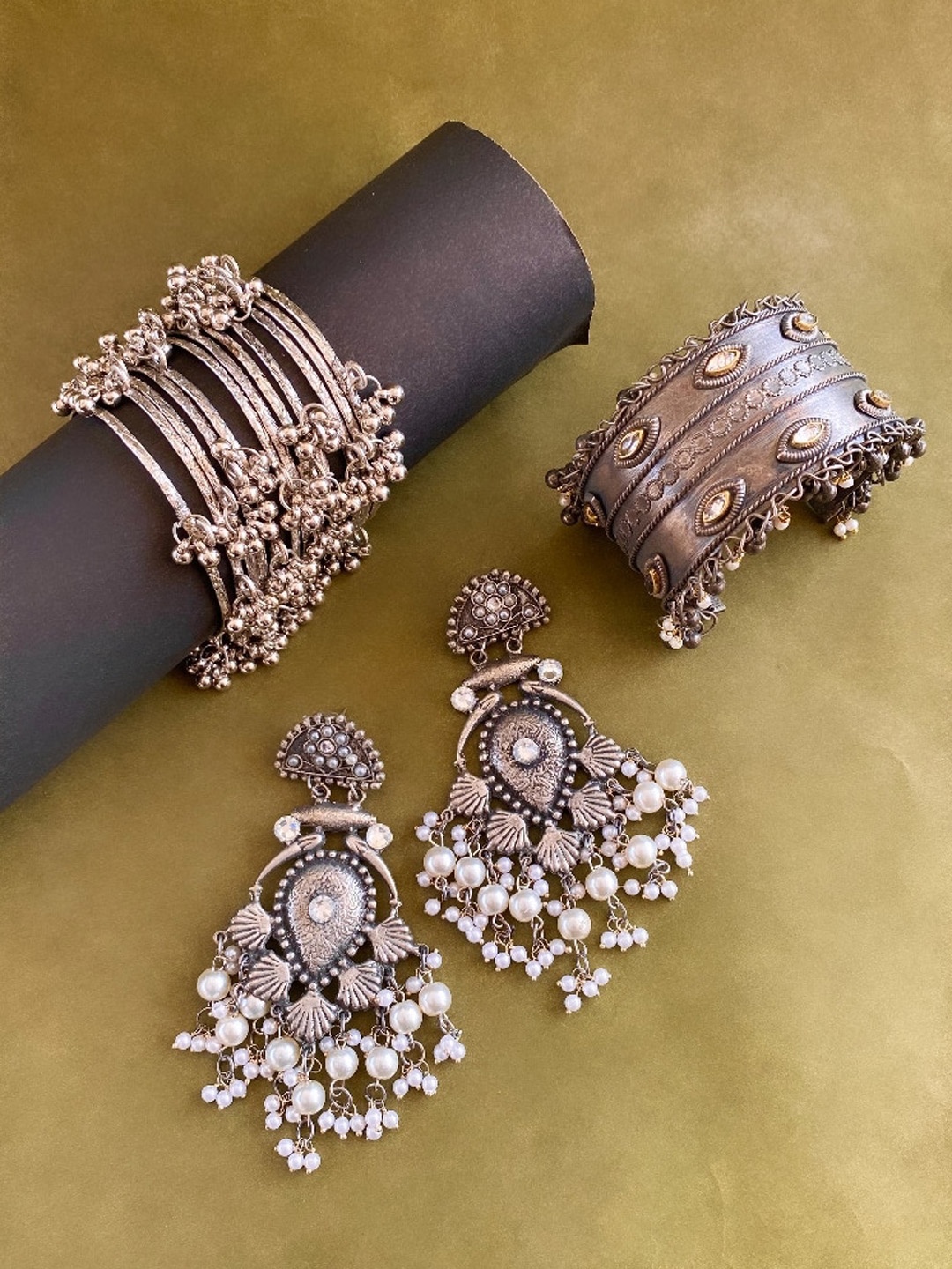 

ATIBELLE German Silver Plated Stone-Studded & Beaded Jewellery Set