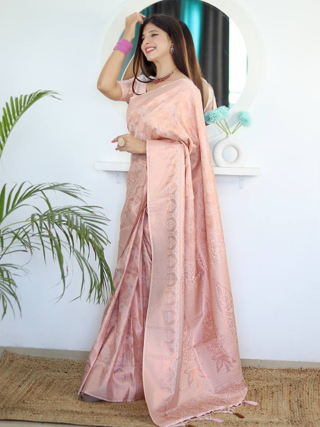 

bansari textiles Floral Pure Cottan Silk Heavy Work Banarasi Saree, Pink