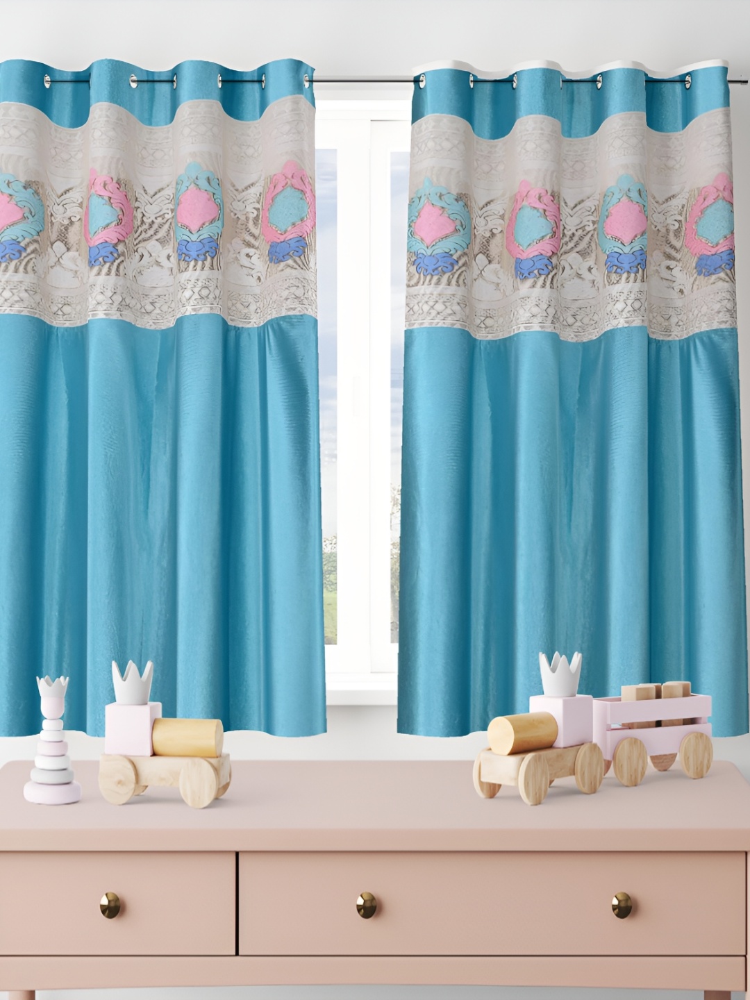 

Galaxy Home Decor Turquoise Blue 2 Pieces Floral Room Darkening Window Curtains