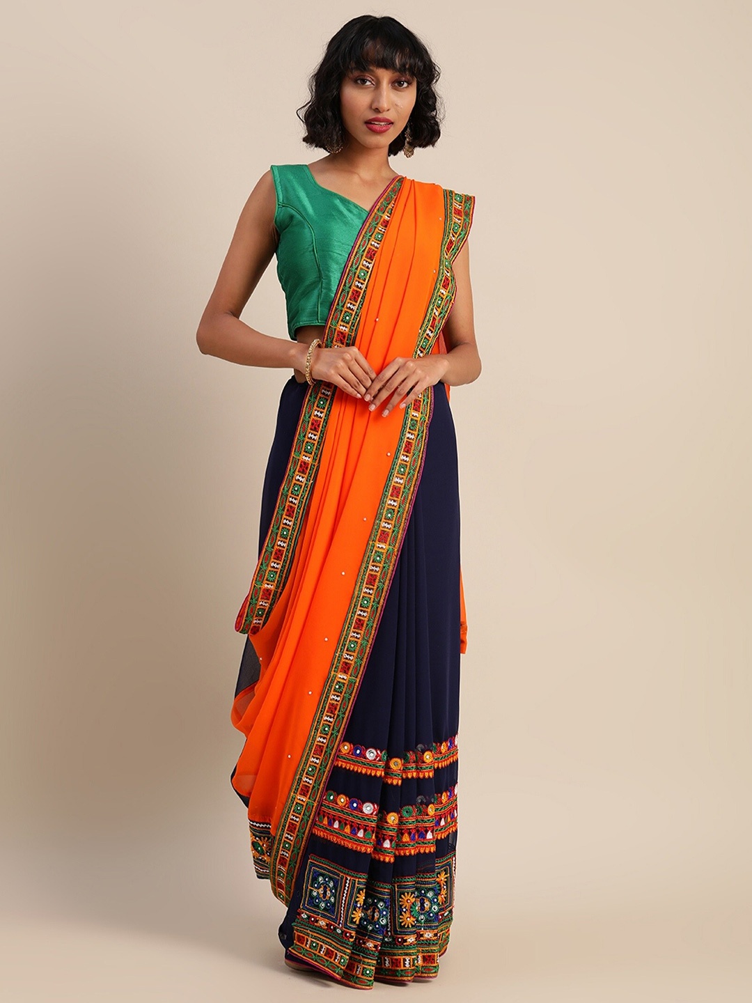 

Mitera Ethnic Motifs Pure Georgette Half and Half Saree, Orange