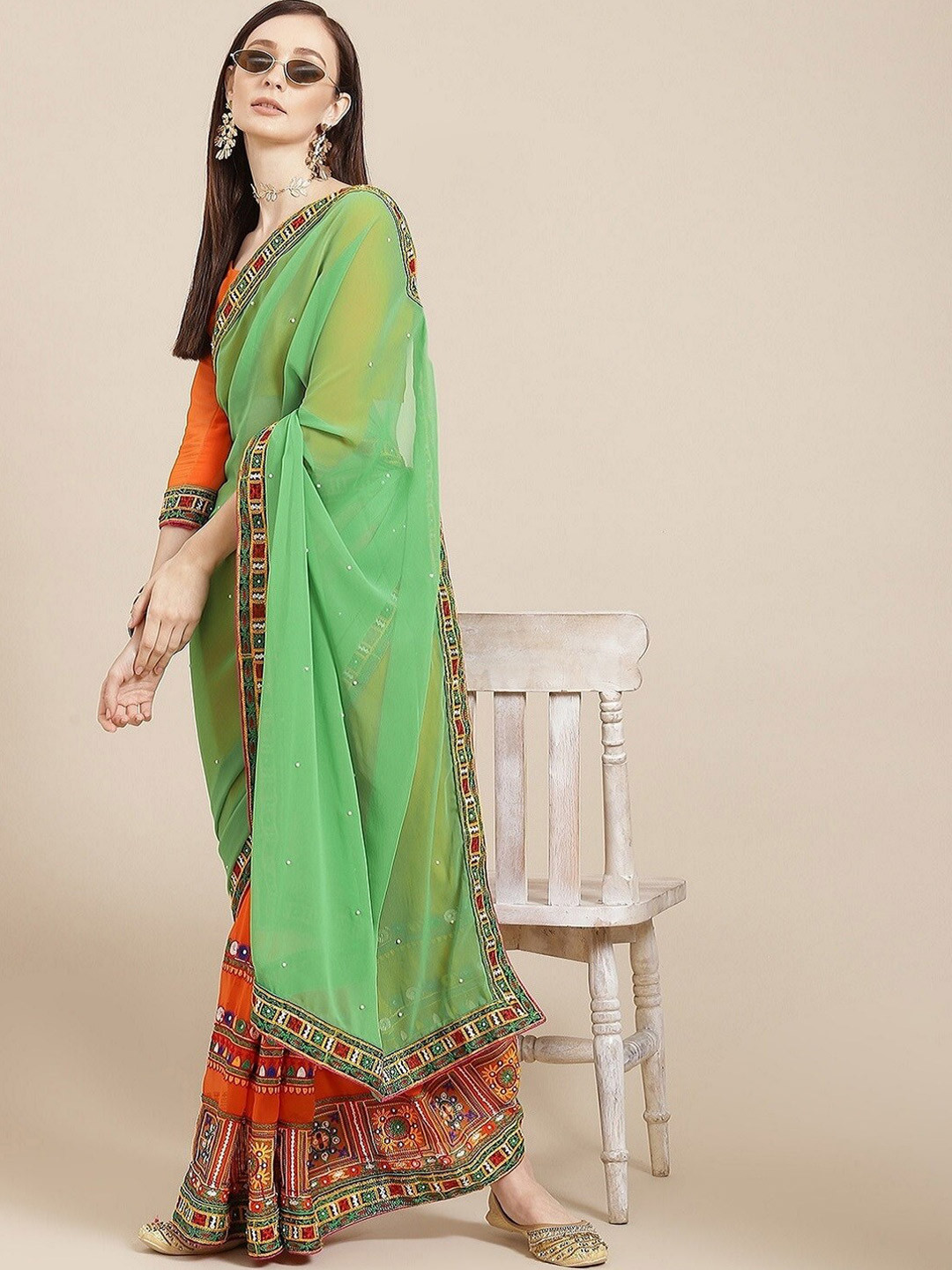 

Mitera Kutchi Embroidered Mirror Work Saree, Orange