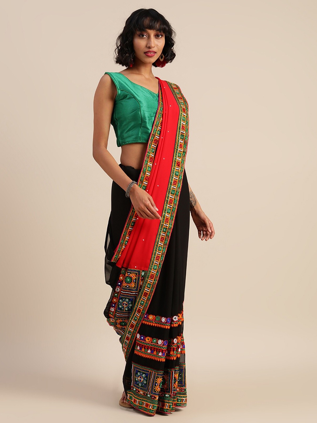 

Mitera Ethnic Motifs Embroidered Pure Georgette Half And Half Saree, Black