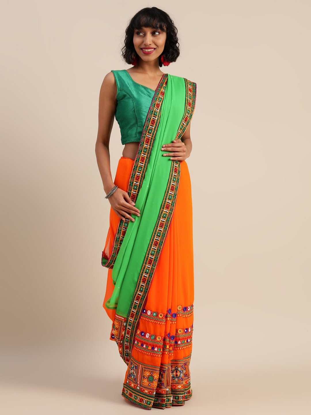 Mitera Ethnic Motifs Pure Georgette Half and Half Saree, Orange