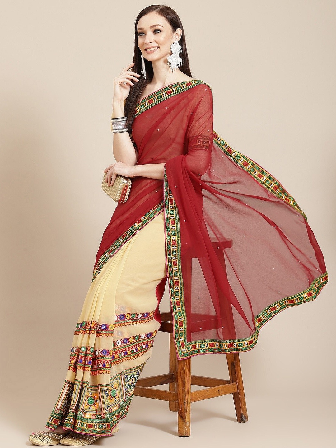 

Mitera Embroidered Pure Georgette Half and Half Saree, Cream