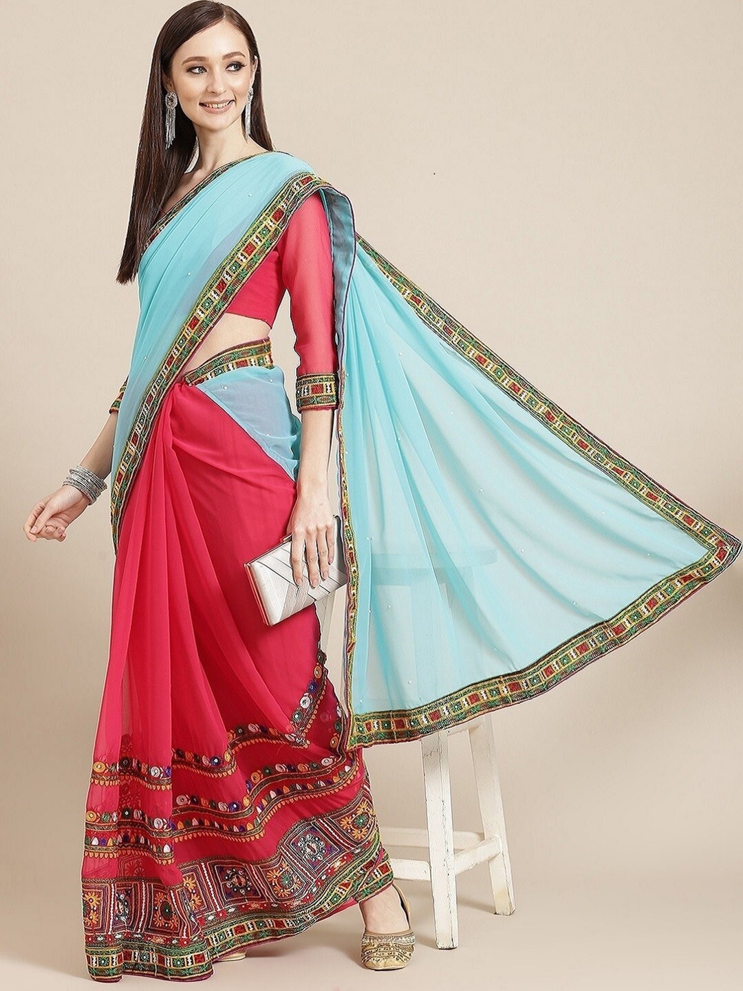 

Mitera Floral Embroidered Pure Georgette Half and Half Saree, Blue