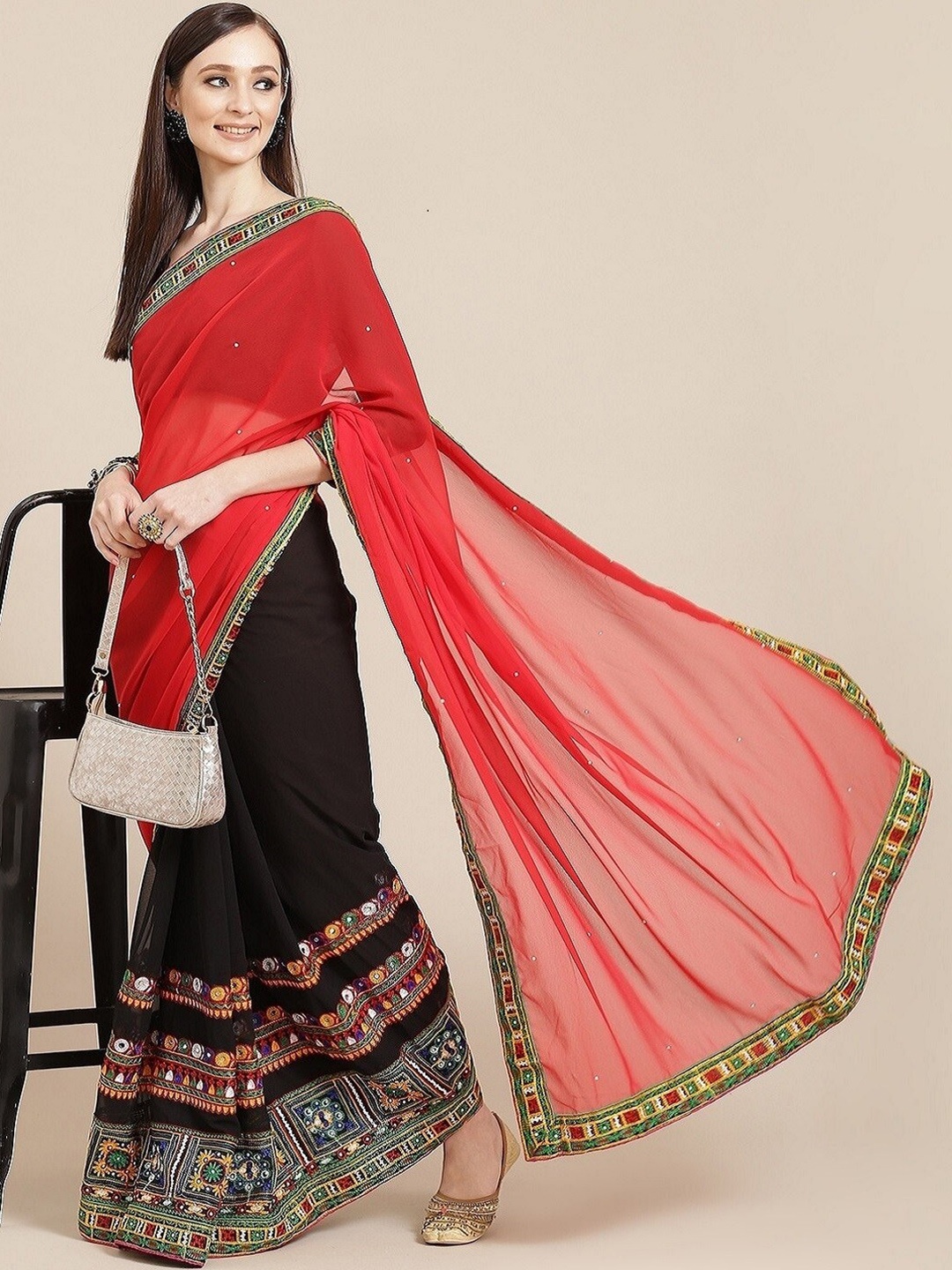 Mitera Ethnic Motifs Pure Georgette Saree, Black