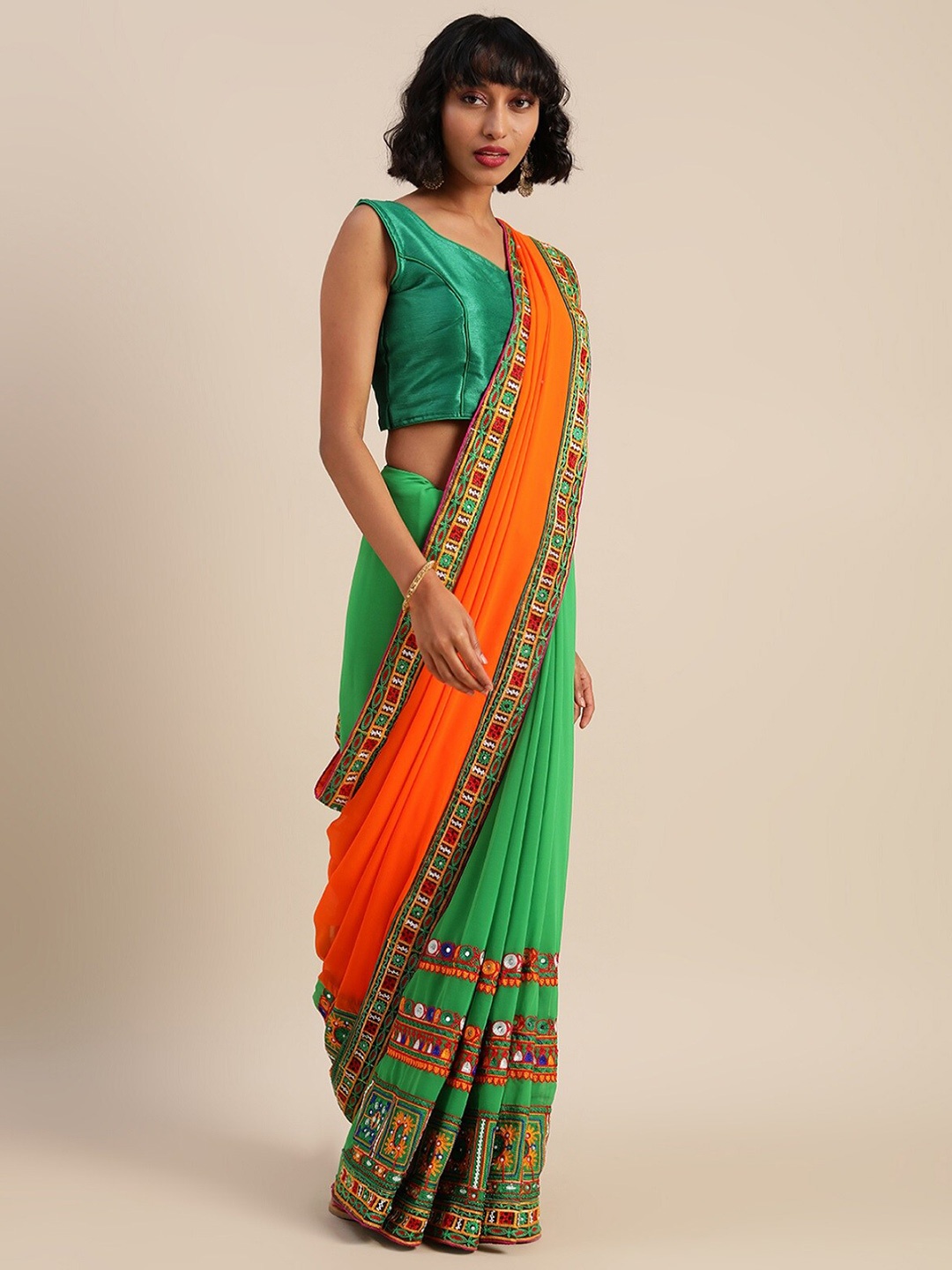 

Mitera Ethnic Motifs Embroidered Pure Georgette Half And Half Saree, Green