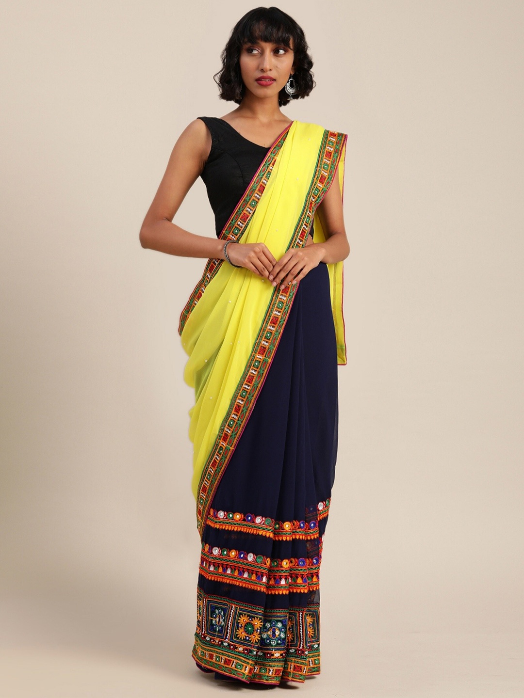 

Mitera Ethnic Motifs Embroidered Pure Georgette Half and Half Saree, Yellow