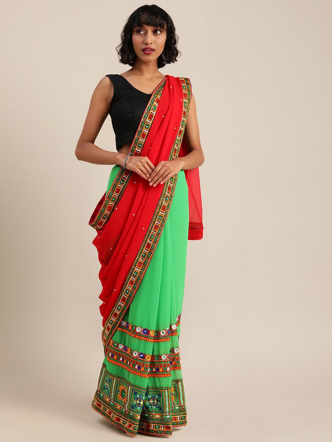 

Mitera Floral Embroidered Pure Georgette Half And Half Saree, Red