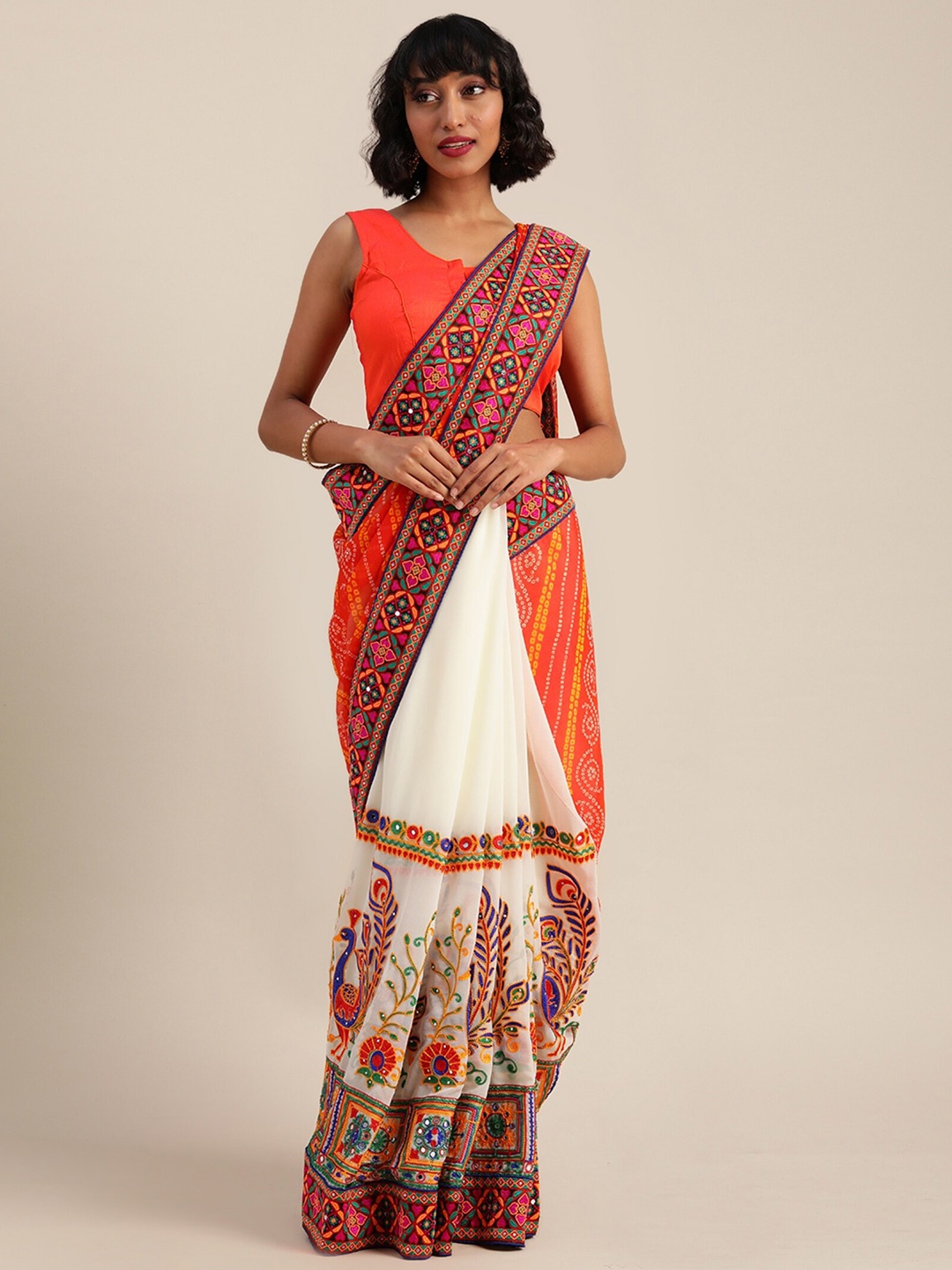 

Mitera Embroidered Pure Georgette Half and Half Bandhani Saree, Orange