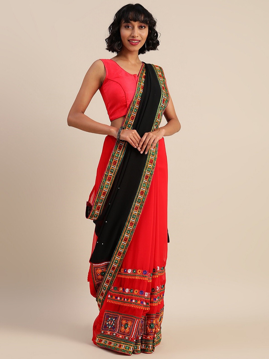 

Mitera Floral Embroidered Pure Georgette Half and Half Saree, Pink