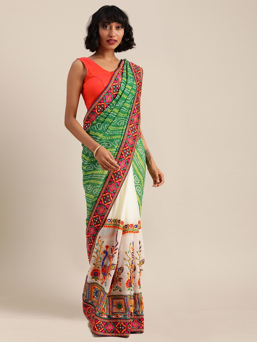 

Mitera Bandhani Pure Georgette Bandhani Saree, Green