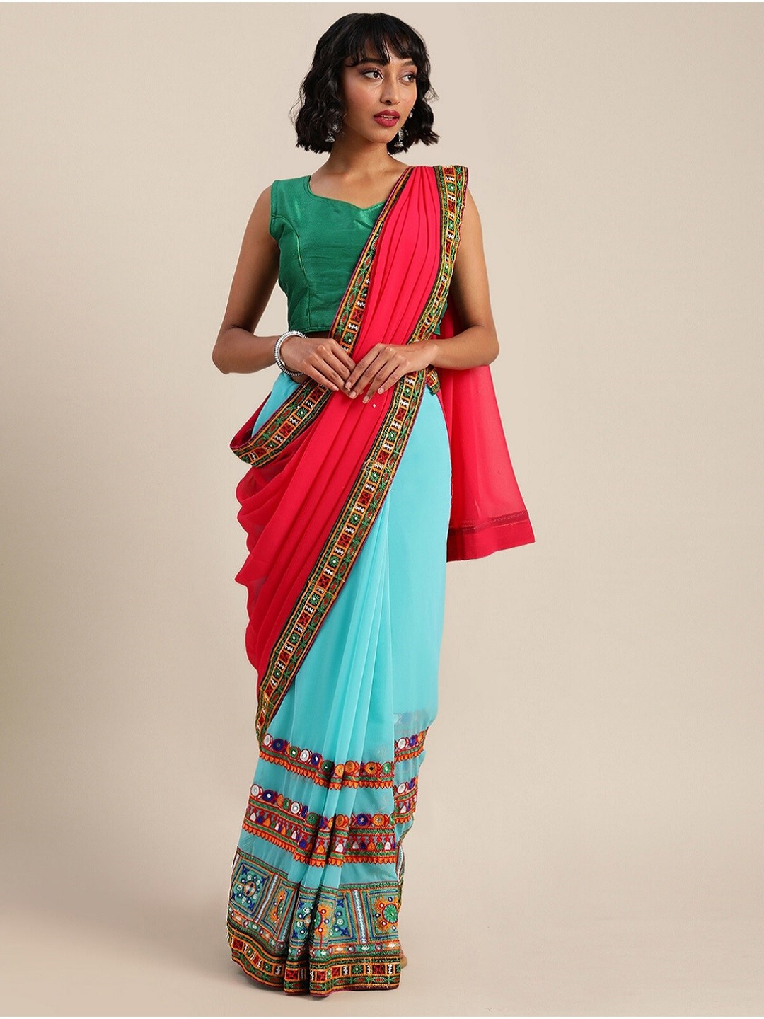 

Mitera Colourblocked Embroidered Pure Georgette Half & Half Saree, Blue