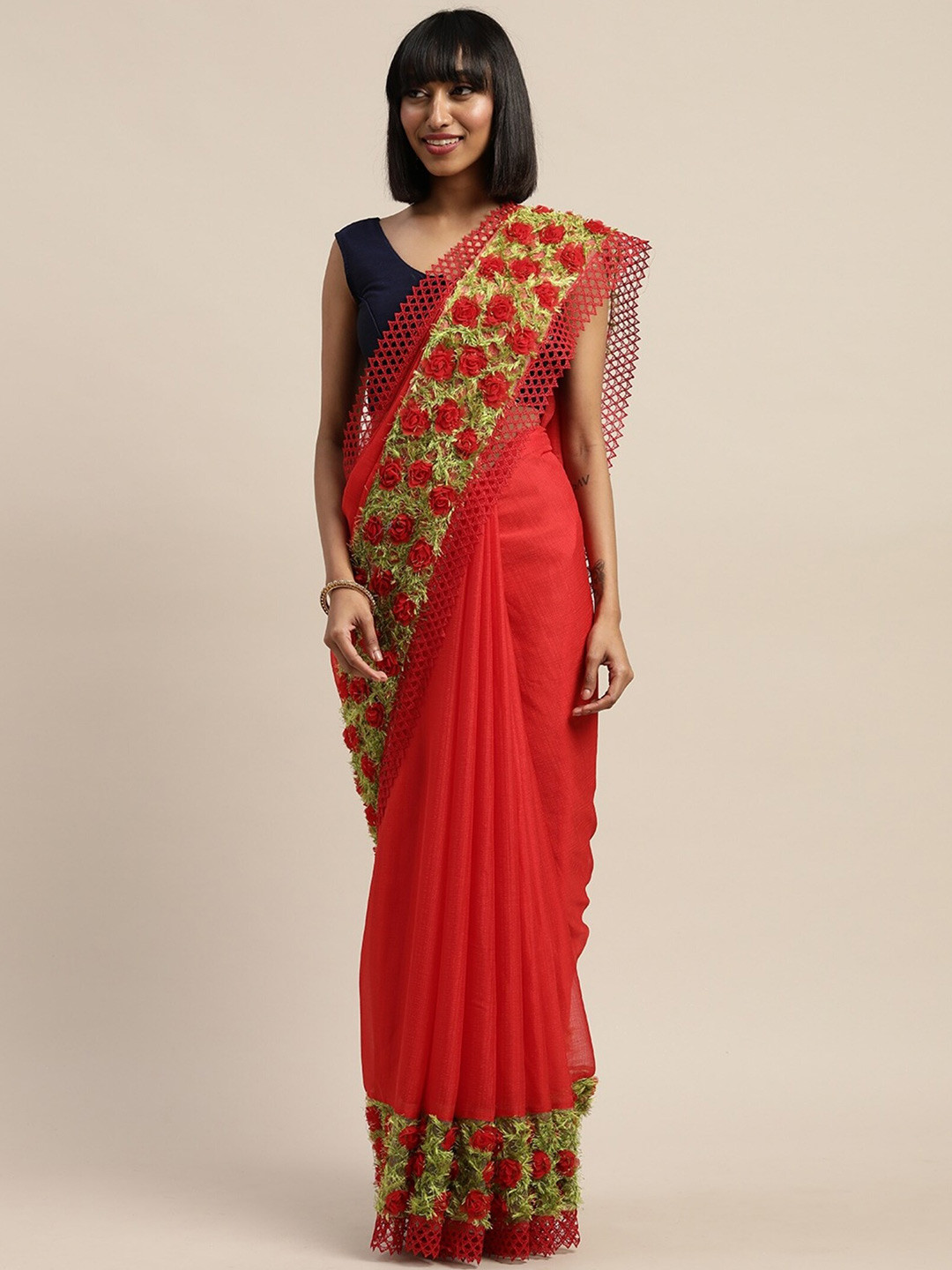 

Mitera Floral Embroidered Pure Chiffon Saree, Red