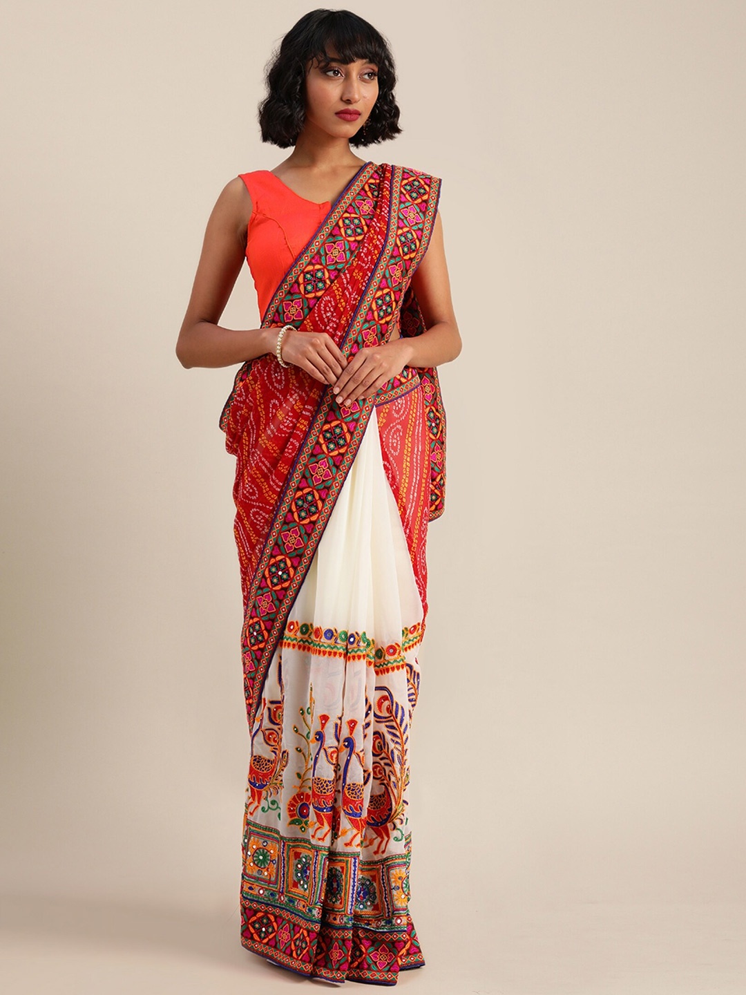 

Mitera Bandhani Embroidered Pure Georgette Bandhani Saree, Red