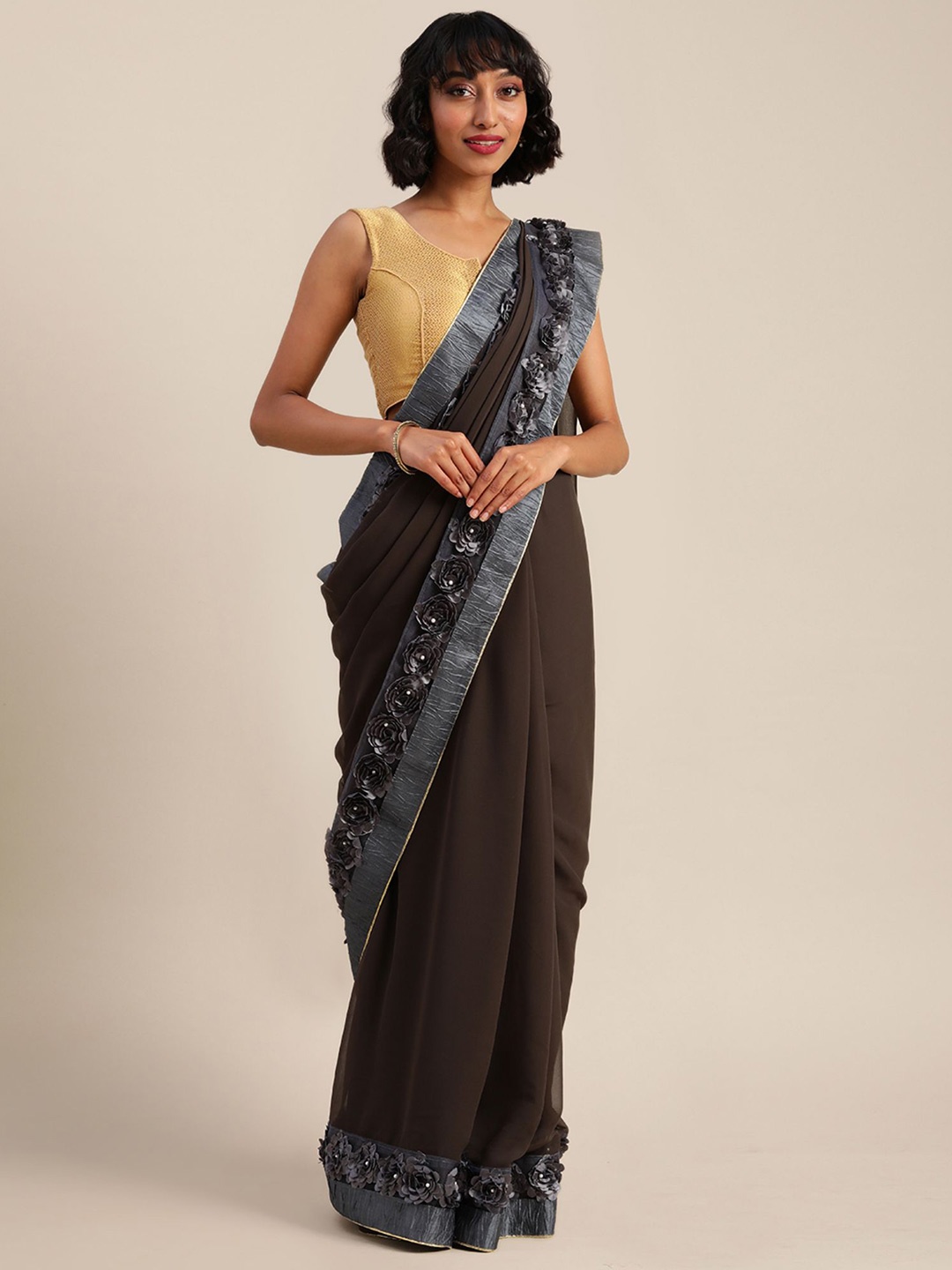 

Mitera Embroidered Pure Georgette Saree, Coffee brown