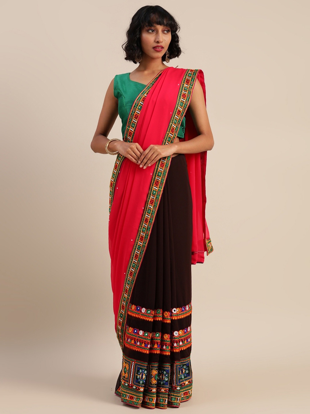 

Mitera Ethnic Motifs Embroidered Pure Georgette Half and Half Saree, Pink