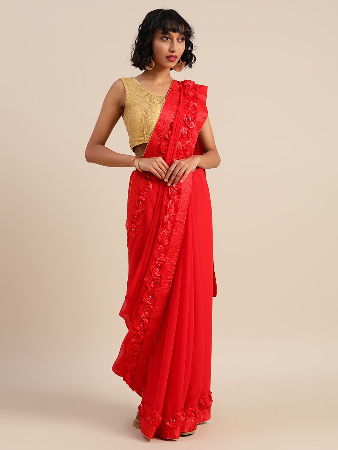 

Mitera Floral Embroidered Pure Georgette Saree, Red