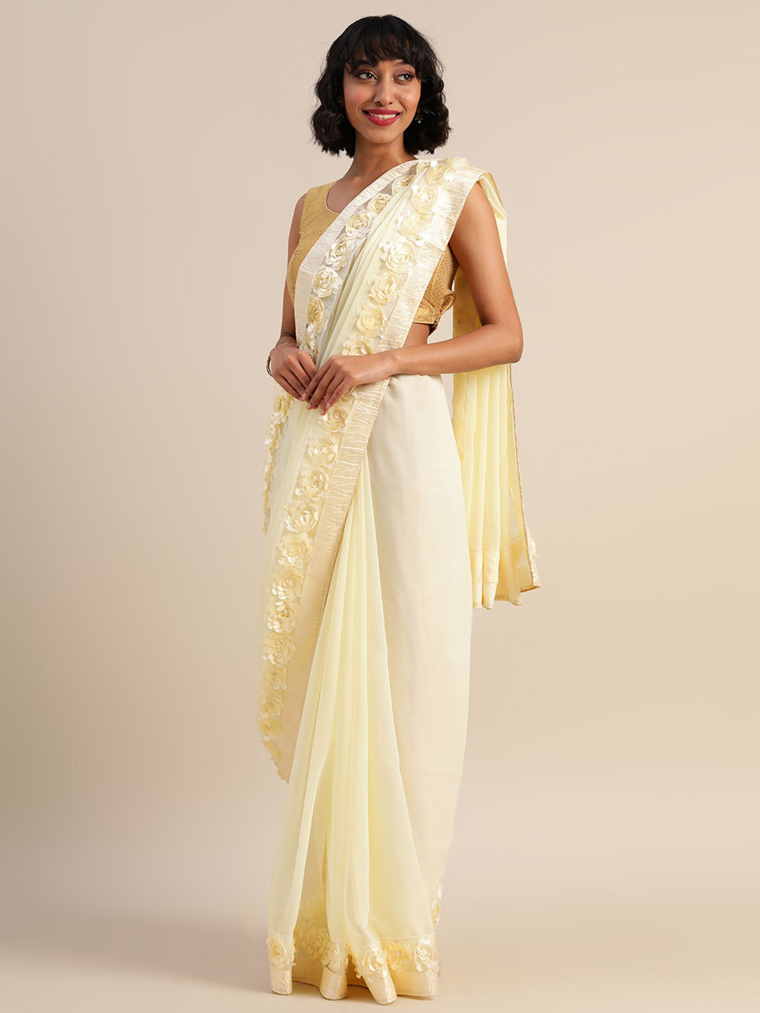 

Mitera Floral Embroidered Pure Georgette Saree, White