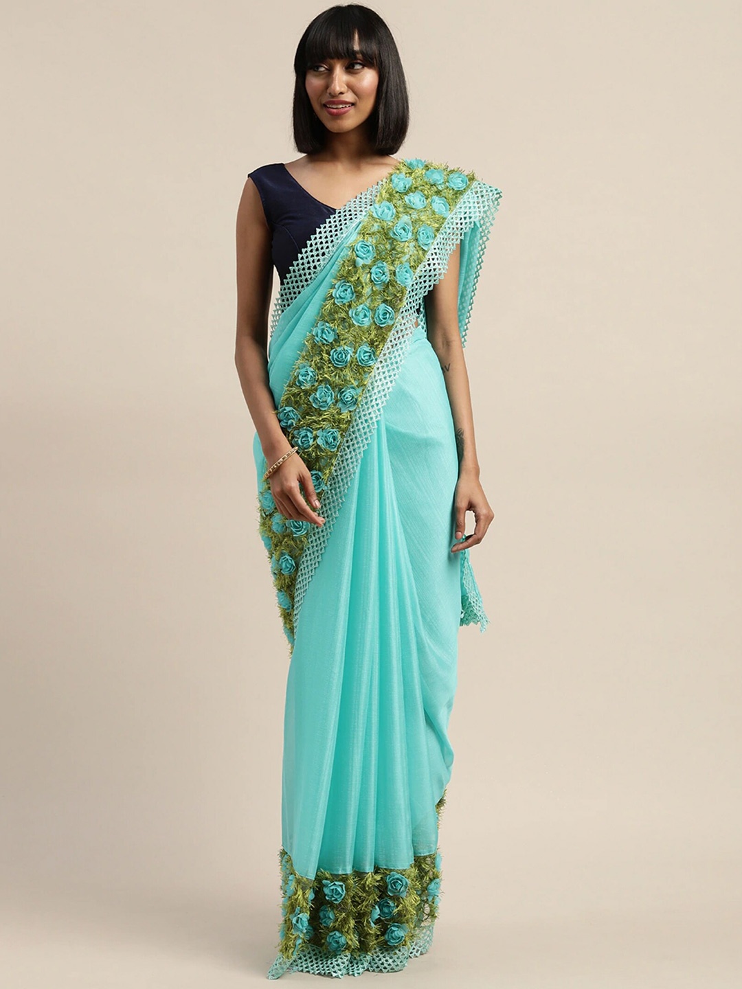 

Mitera Floral Embroidered Pure Chiffon Saree, Turquoise blue