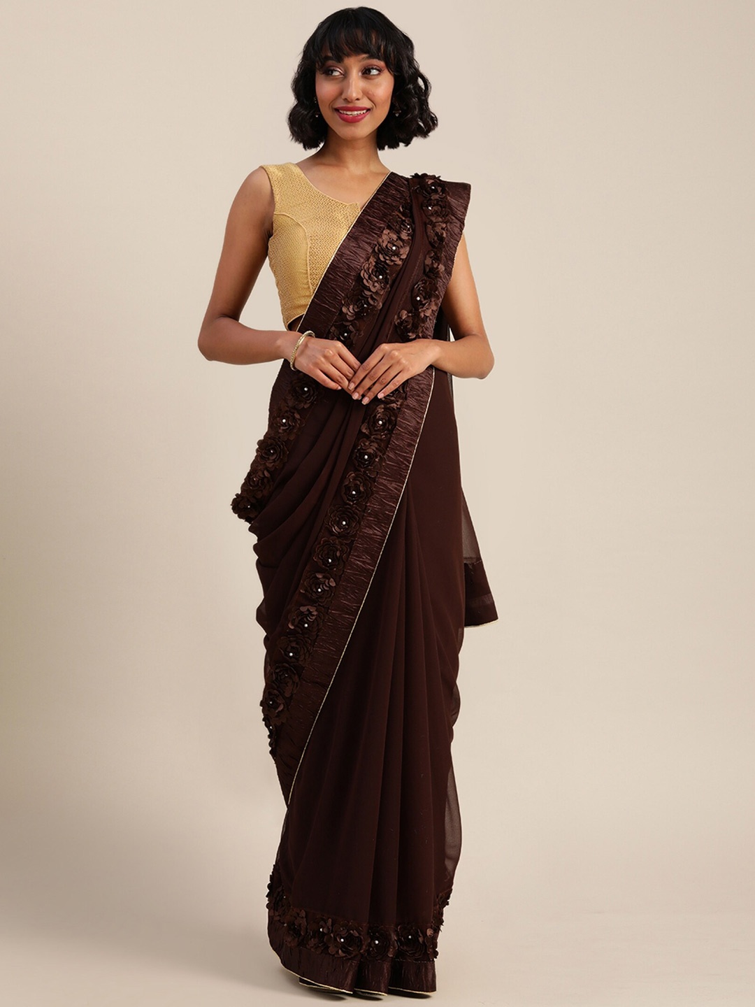 

Mitera Embroidered Pure Georgette Saree, Brown