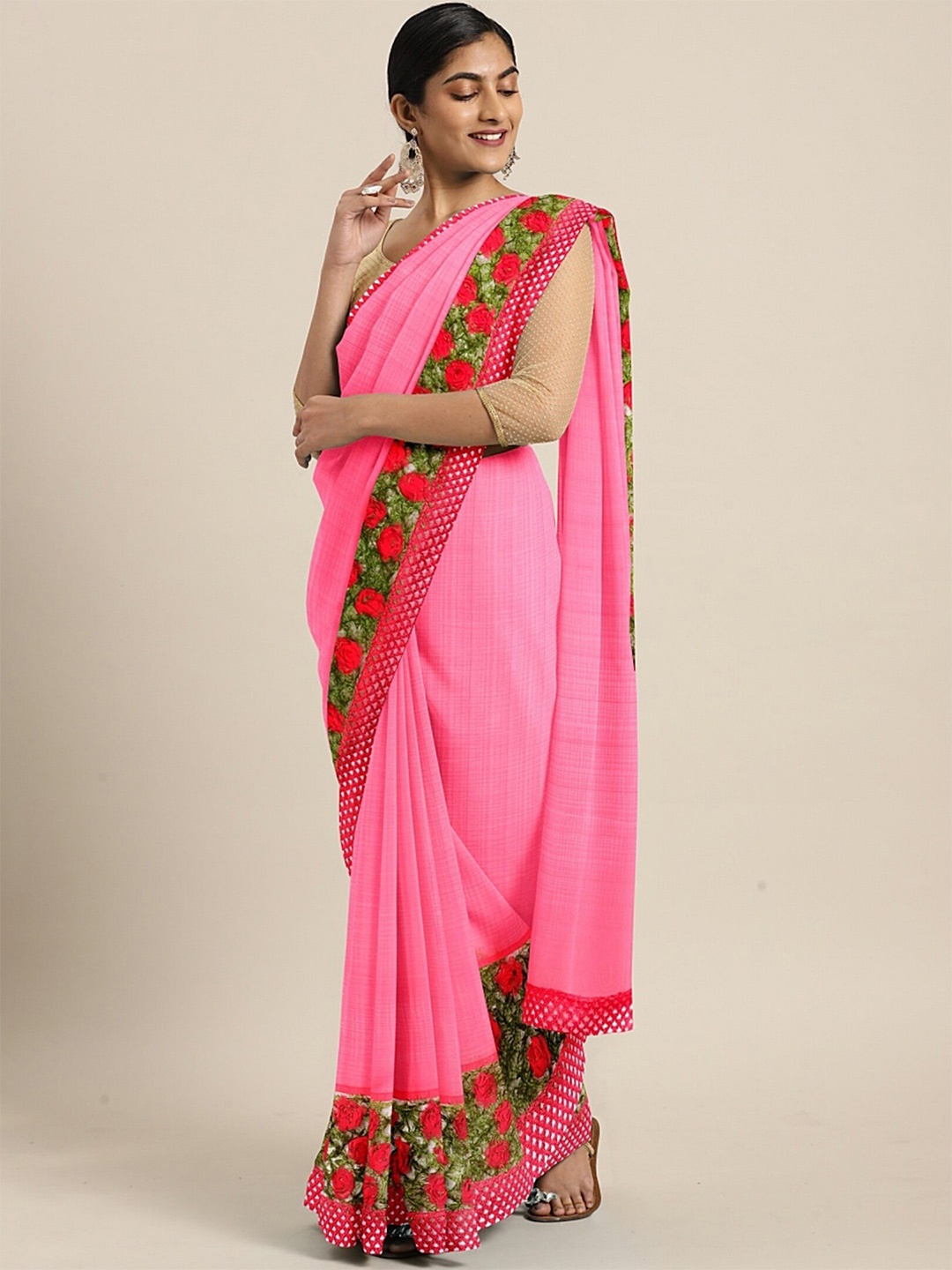 

Mitera Floral Embroidered Pure Chiffon Saree, Pink