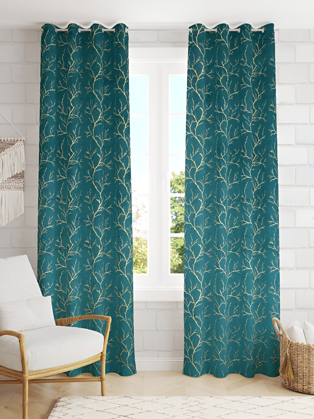 

RIDHAAN Blue & Gold-Toned 2 Pieces Foil Print Velvet Room Darkening Eyelet Window Curtains