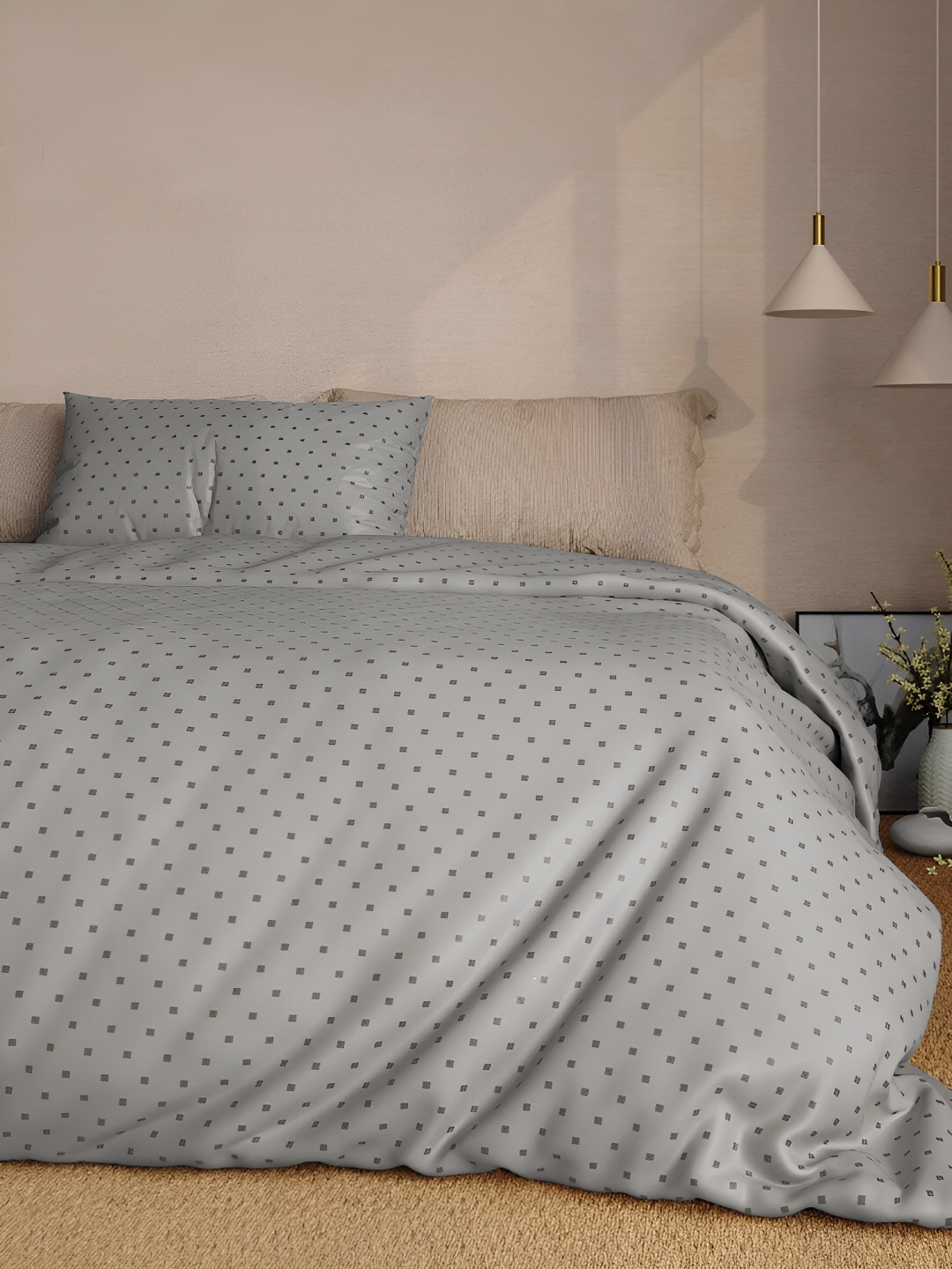 

BLUE DAHLIA Grey Geometric 300 TC Queen Bedsheet with 4 Pillow Covers