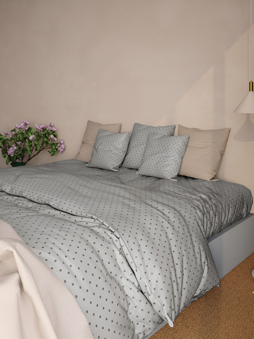 

BLUE DAHLIA Grey Geometric 300 TC Queen Bedsheet with 4 Pillow Covers