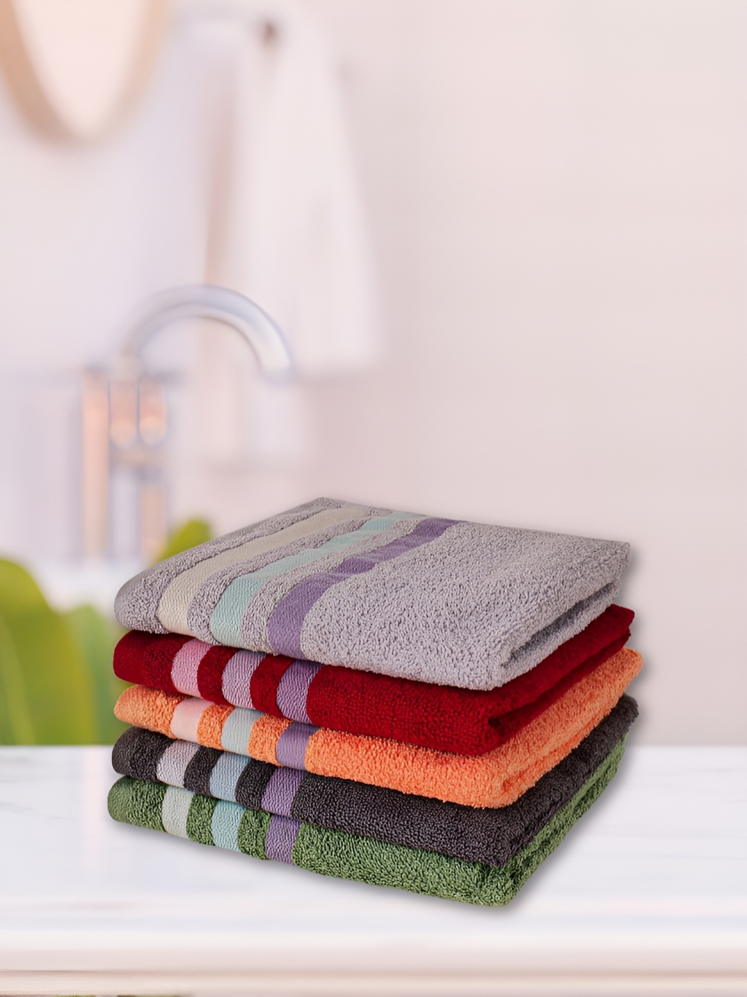 

eurospa Grey & Green 5 Pieces Striped Terry Cotton 480 GSM Towel Set